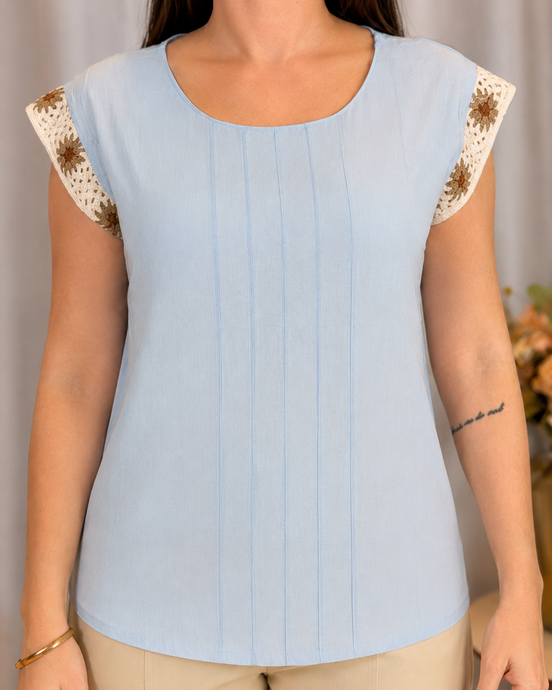 Blusa Em Visco Linho Manga Muscle Bordada Elen Azul