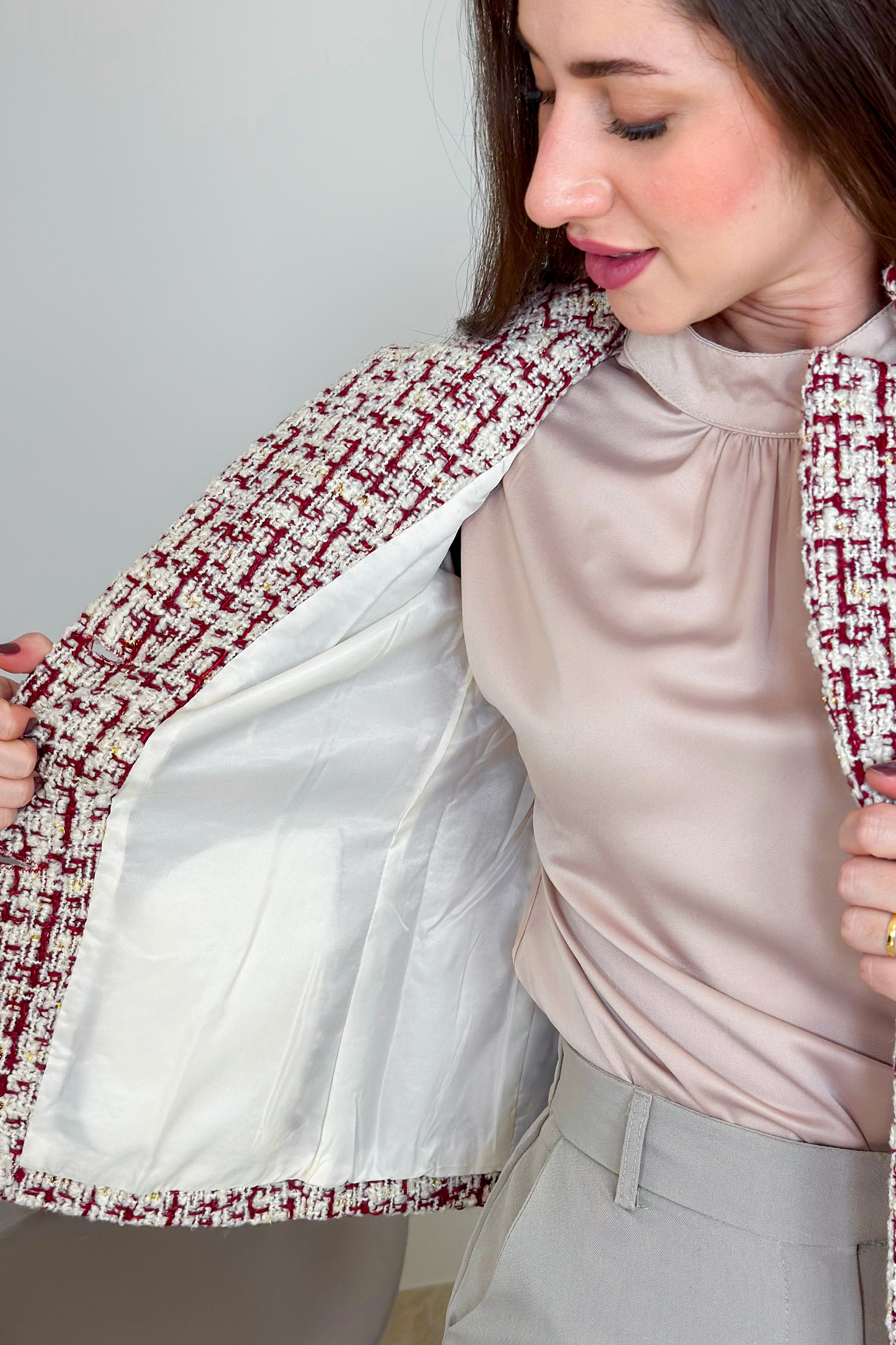 Casaco Elegante Em Tweed Pérola Estampado Vermelho