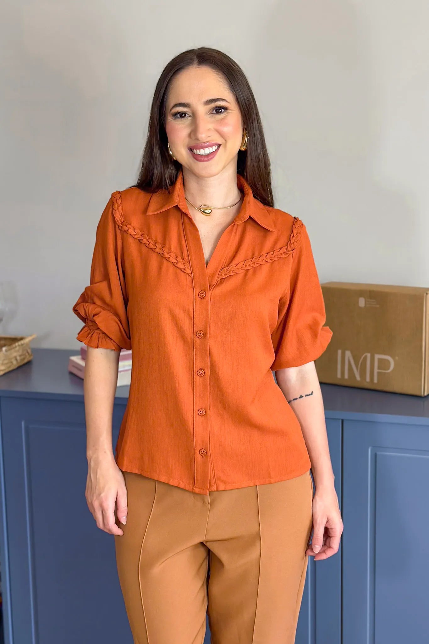 Blusa Manga 3/4 Visco Soft Detalhe Trançado Elenir Terracota