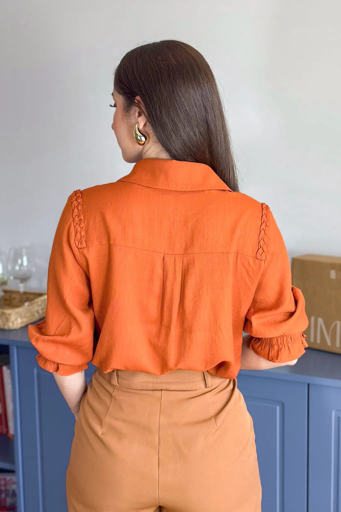 Blusa Manga 3/4 Visco Soft Detalhe Trançado Elenir Terracota