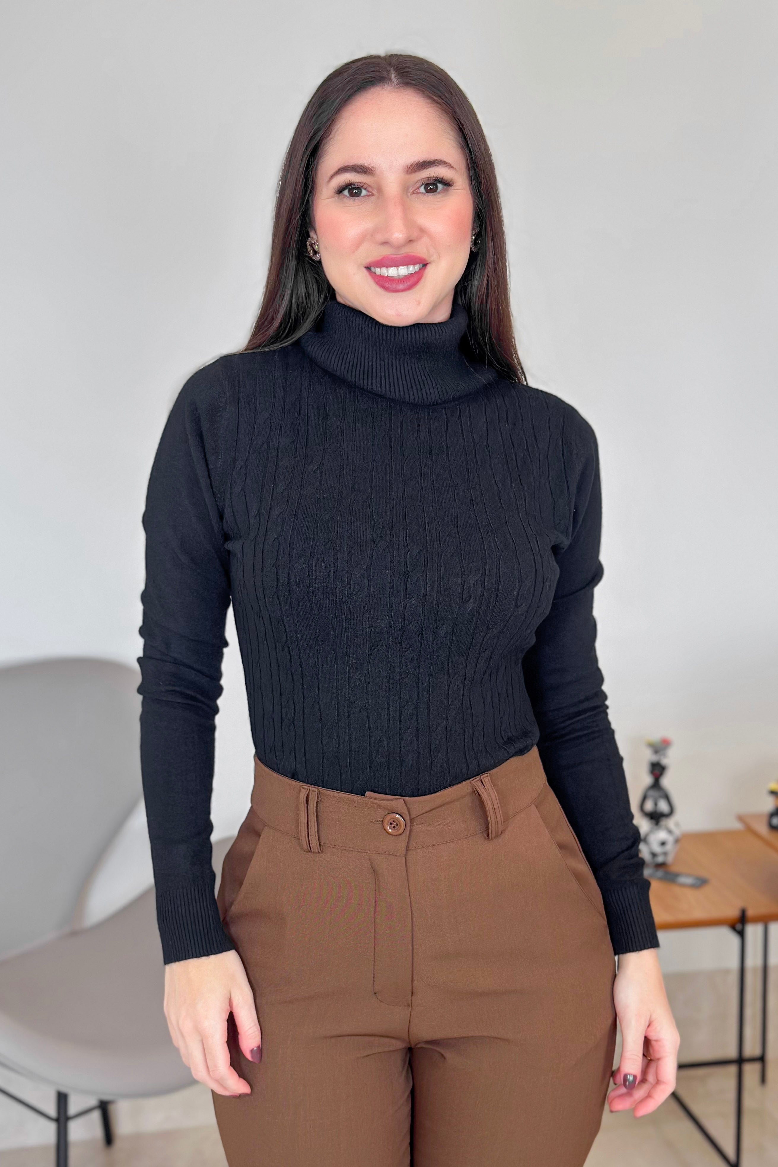 Blusa Manga Longa Em Tricot Modal Gola Boba Erica Preto