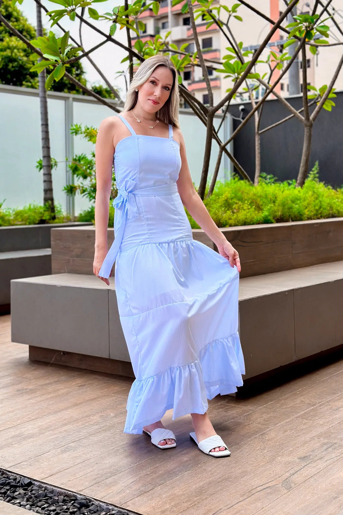 Vestido Longo Listrado Monica Azul Claro