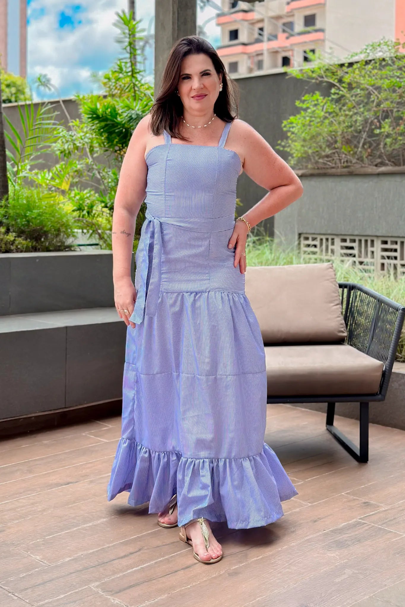 Vestido Longo Listrado Monica Azul Marinho