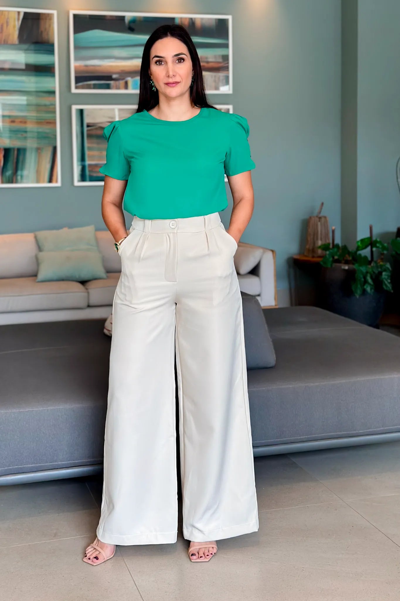 Calça Pantalona Detalhe Passador Marina Creme