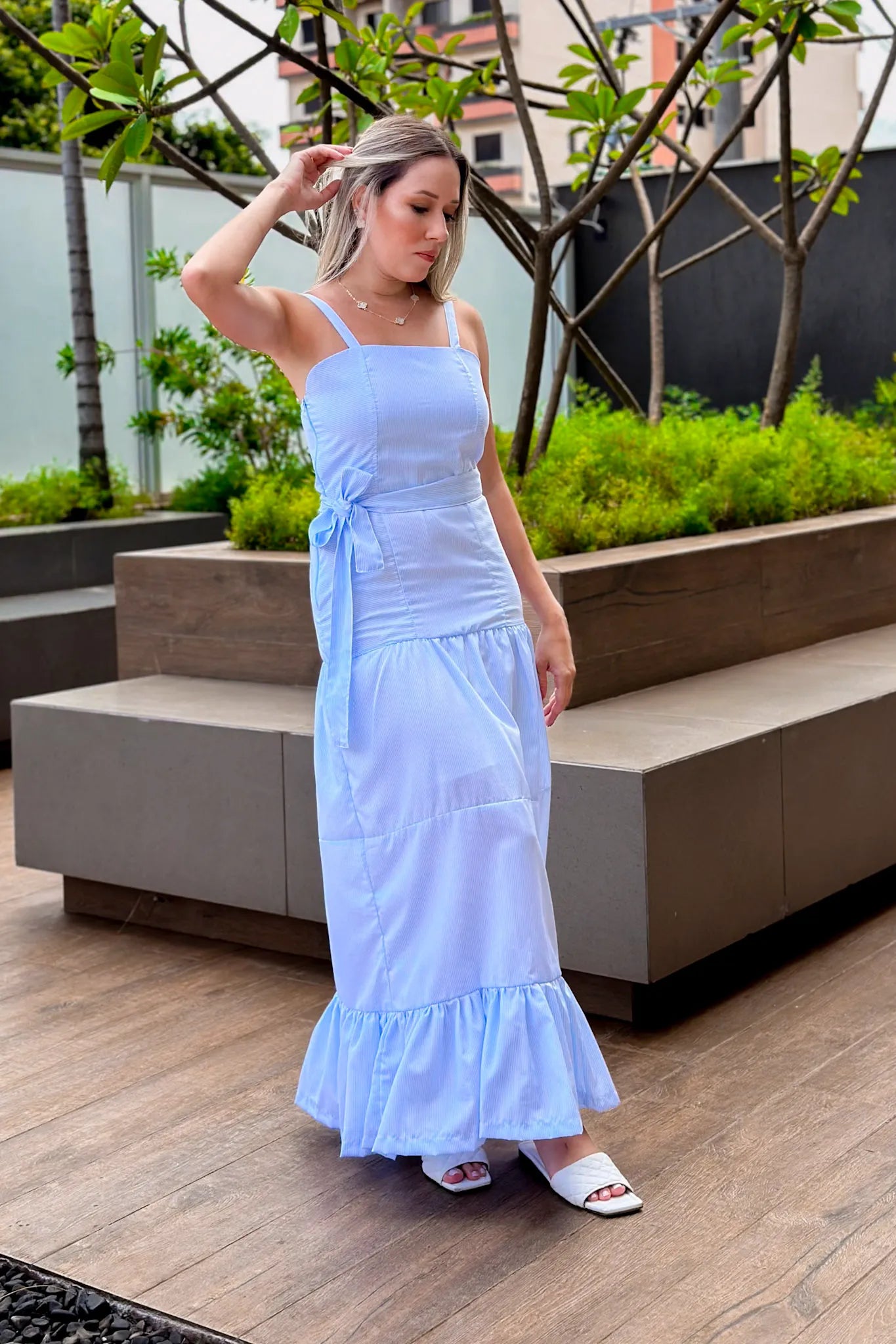 Vestido Longo Listrado Monica Azul Claro