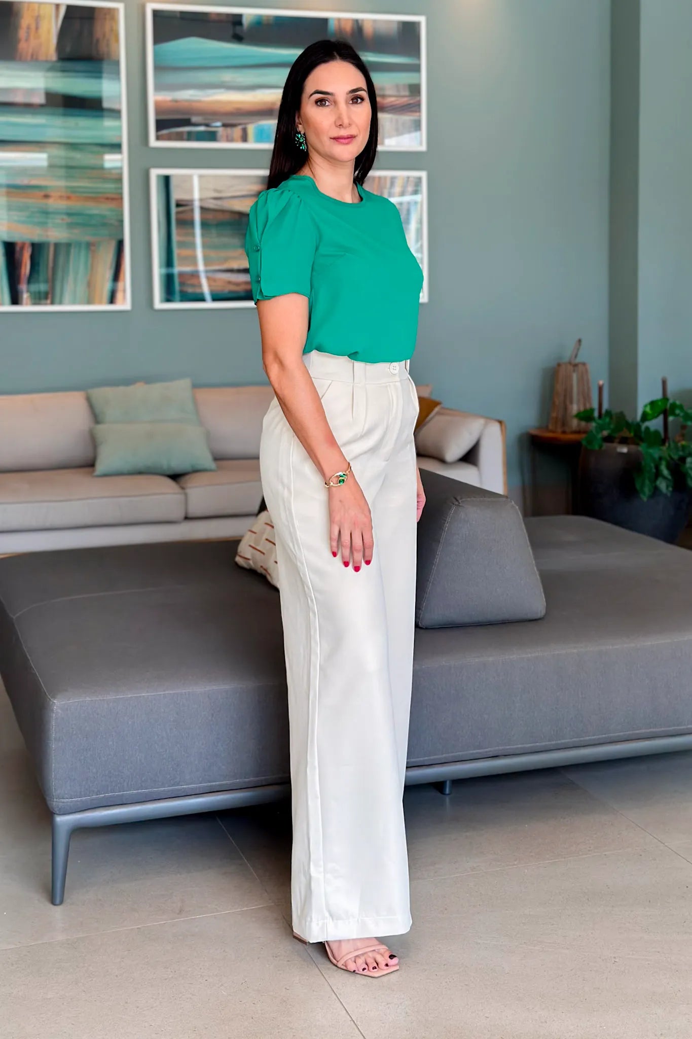 Calça Pantalona Detalhe Passador Marina Creme
