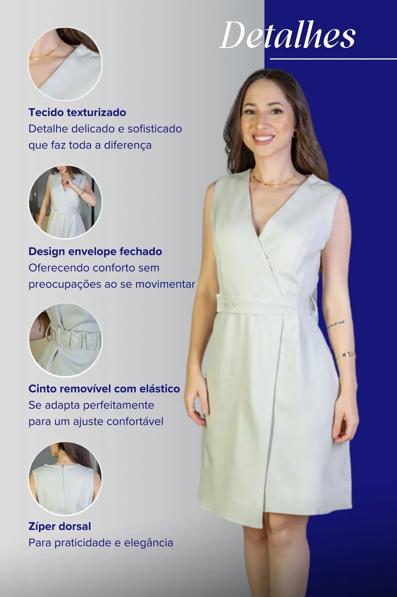 Vestido Decote "V" Regata Detalhe Cinto Soft Elegance Malu Creme