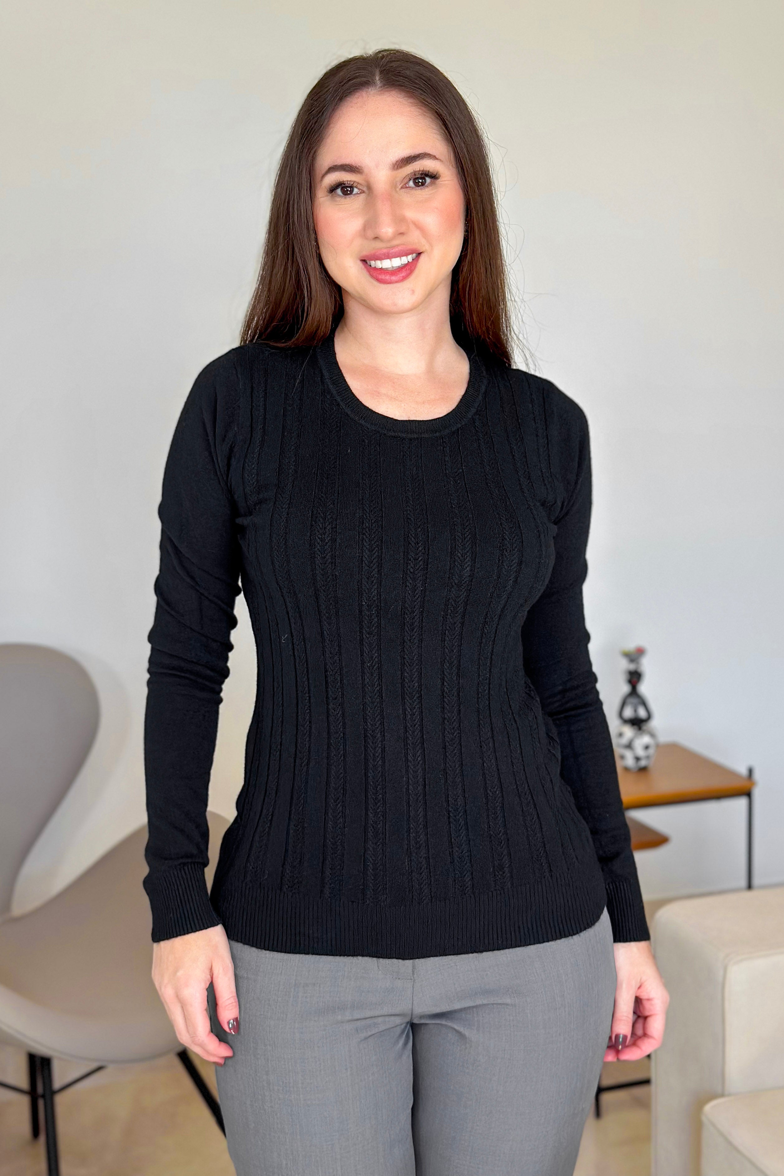 Blusa Manga Longa Em Tricot Lux Adriele Preto