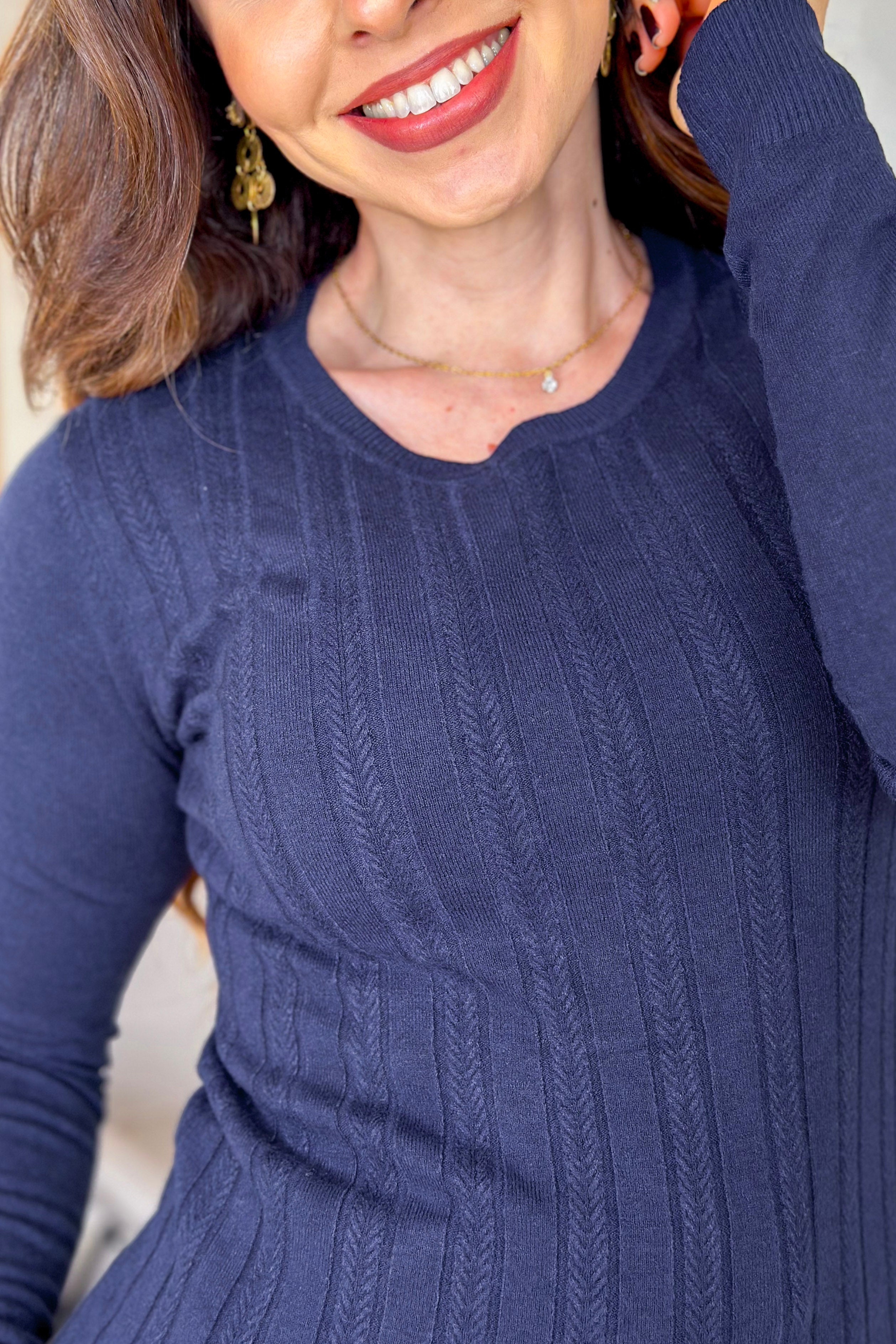 Blusa Manga Longa Em Tricot Lux Adriele Azul Marinho