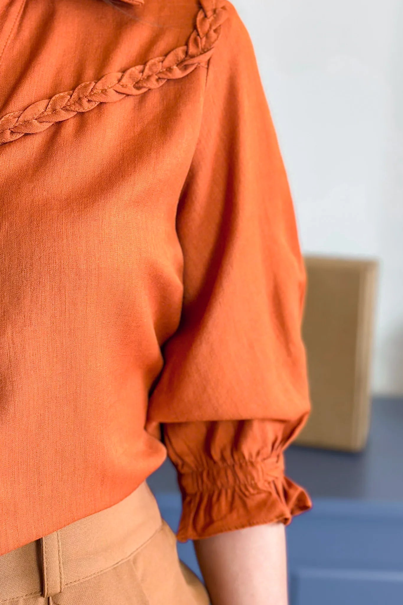 Blusa Manga 3/4 Visco Soft Detalhe Trançado Elenir Terracota