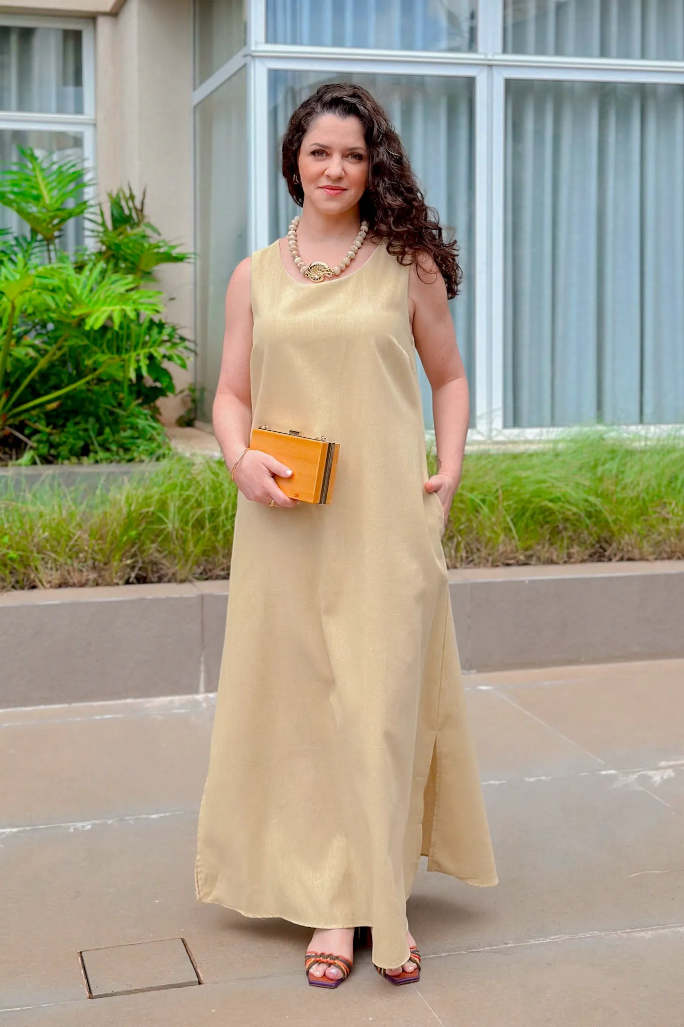 Vestido Midi Detalhe Bolso Elisa Amarelo