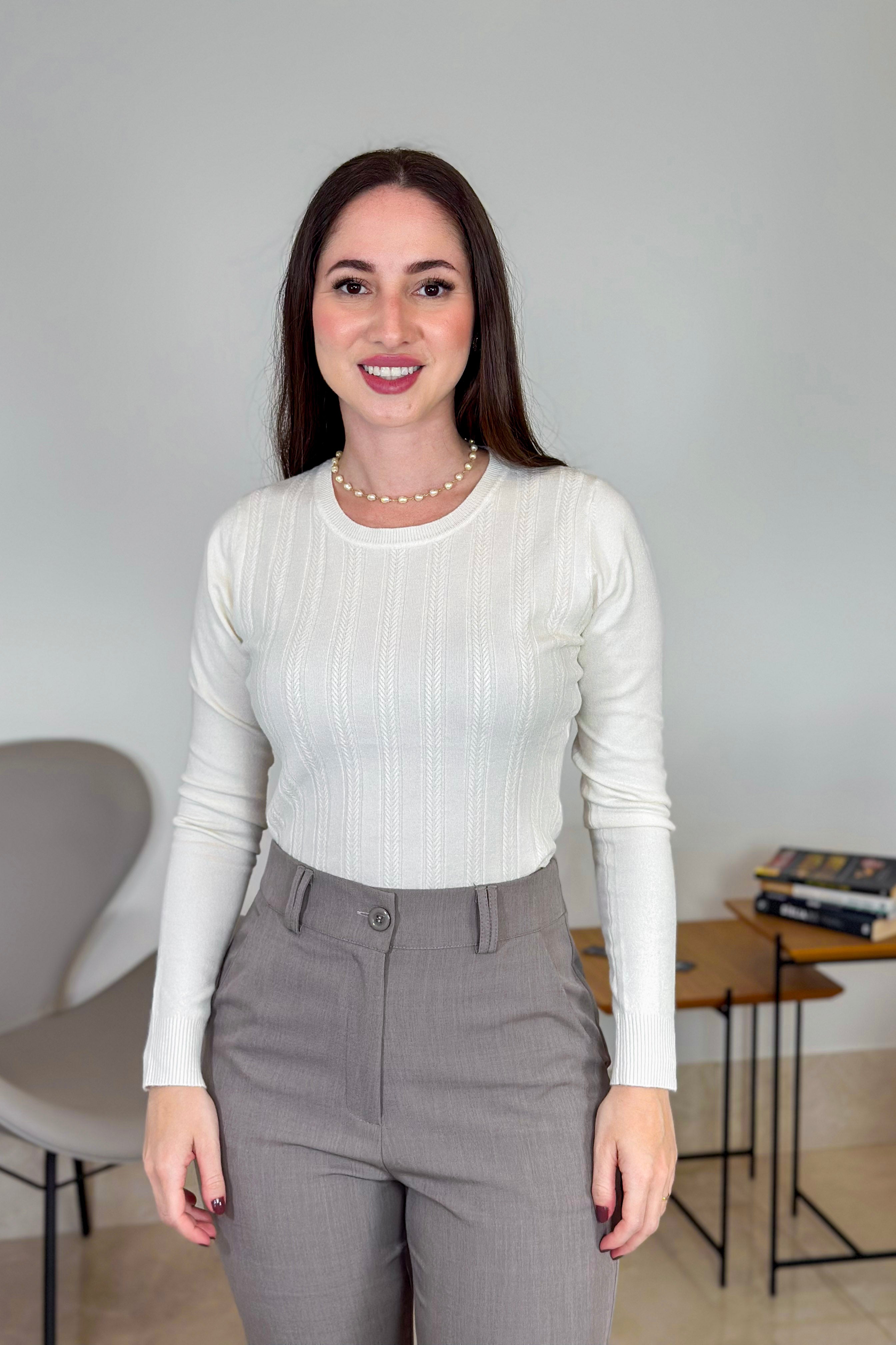 Blusa Manga Longa Em Tricot Lux Adriele Off White