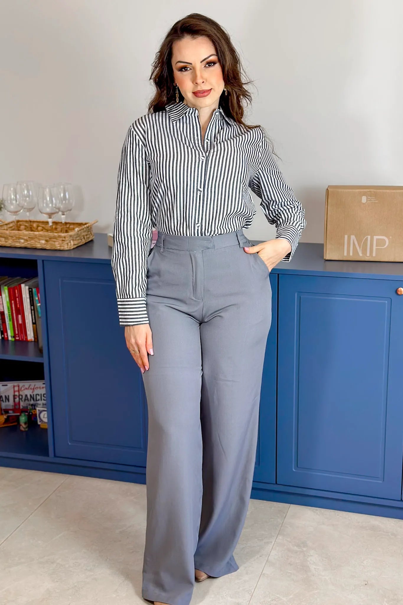 Camisa Manga Longa Classic Listrada Franciele Cinza