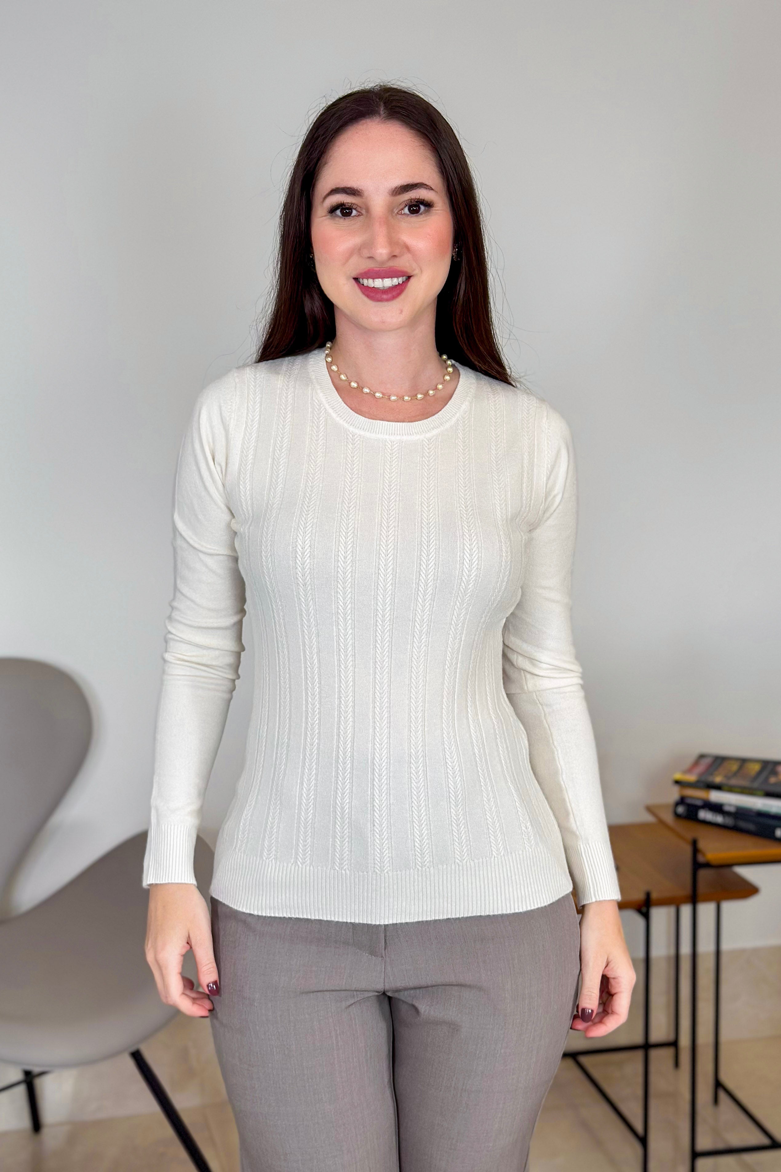 Blusa Manga Longa Em Tricot Lux Adriele Off White