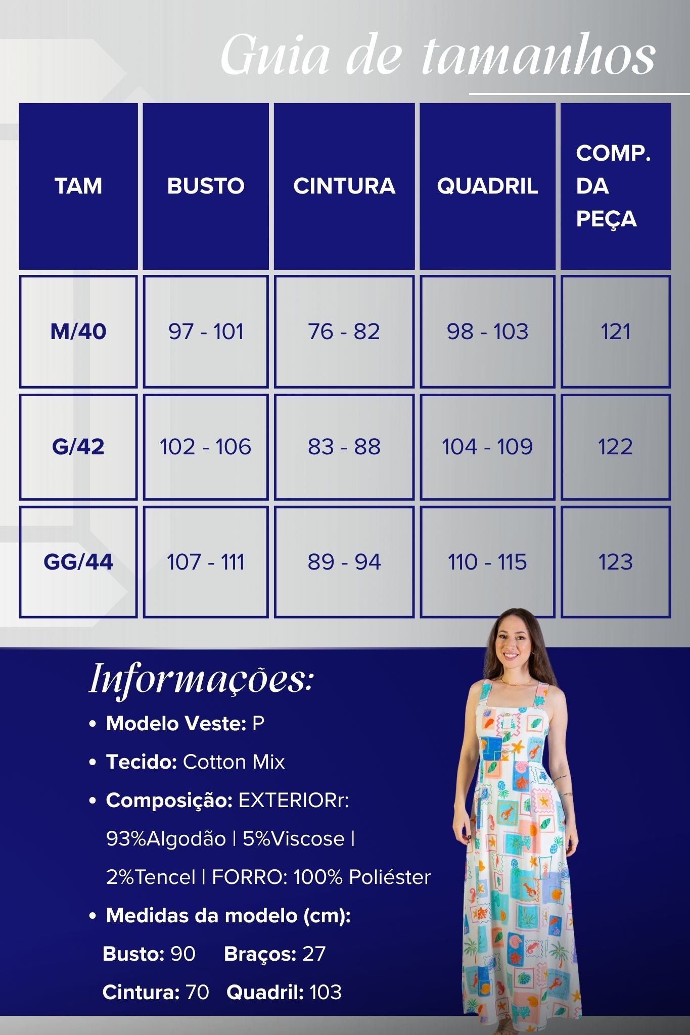 Vestido Longo Amarração Cotton Mix Ísis Valverde Estampado Azul