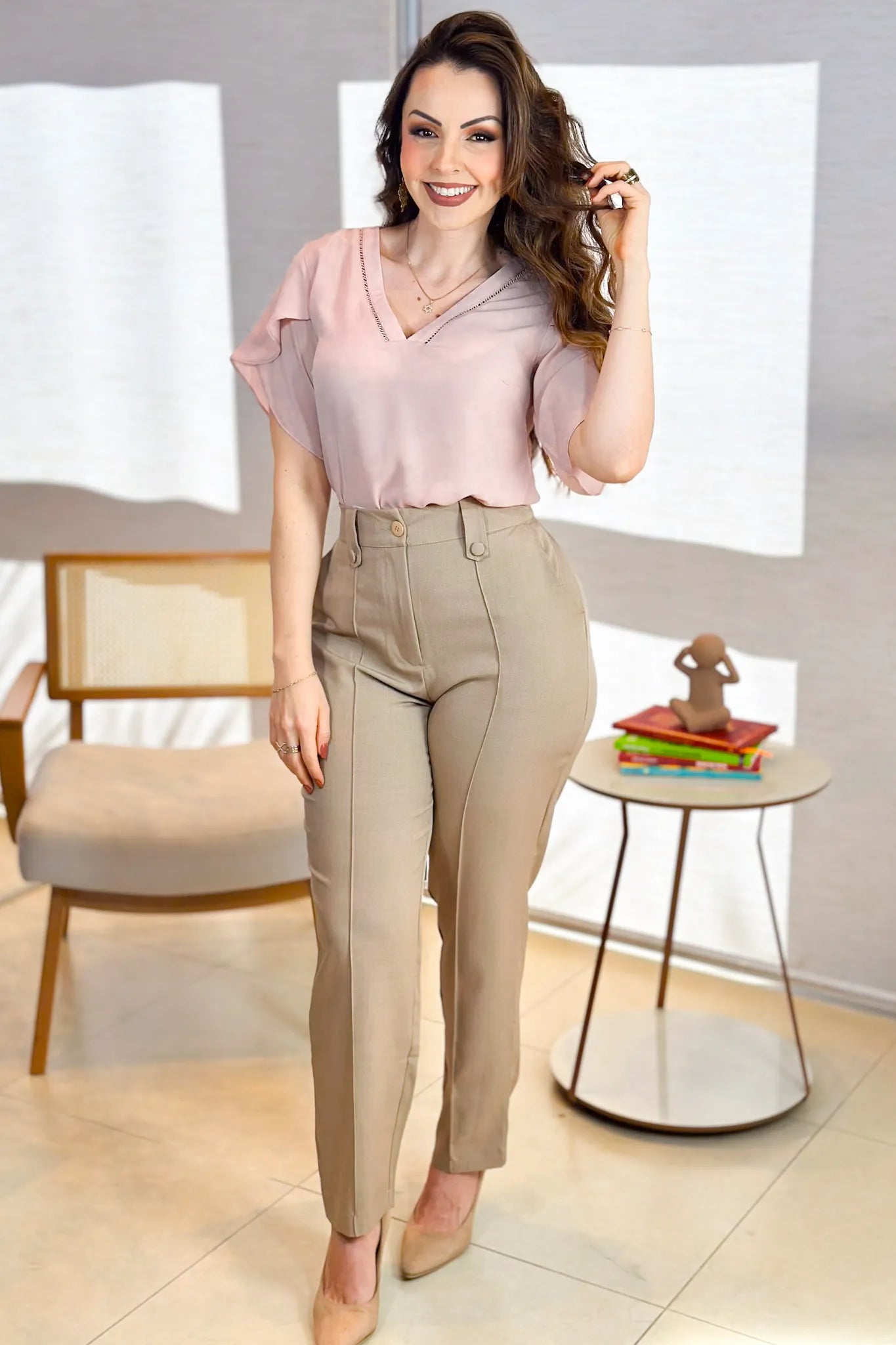 Blusa Manga Transpassada New Crepe Decote "V" Vazado Liliane Rose