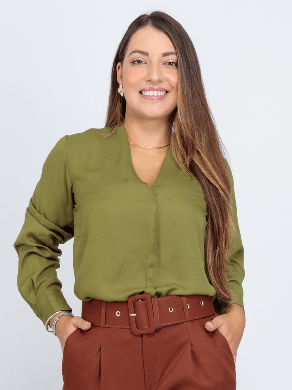 Blusa Manga Longa Decote V Lisa Clara Verde Militar