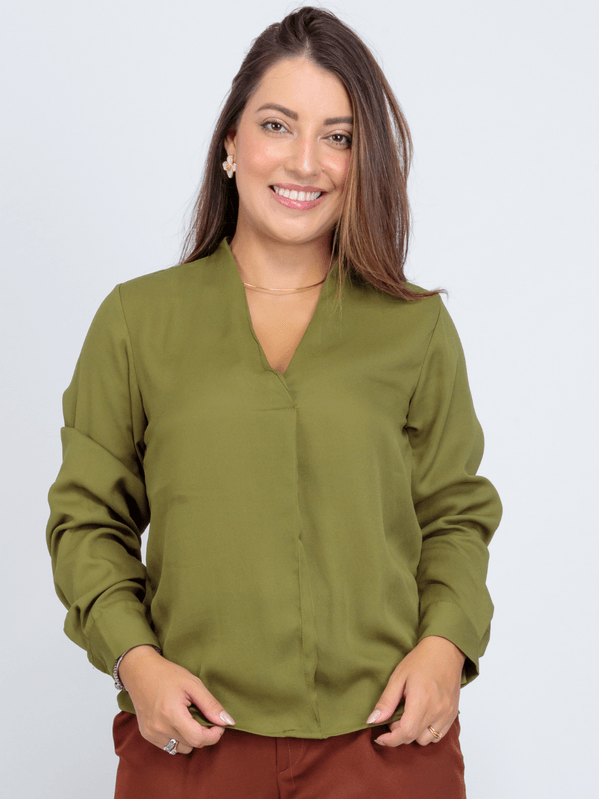 Blusa Manga Longa Decote V Lisa Clara Verde Militar