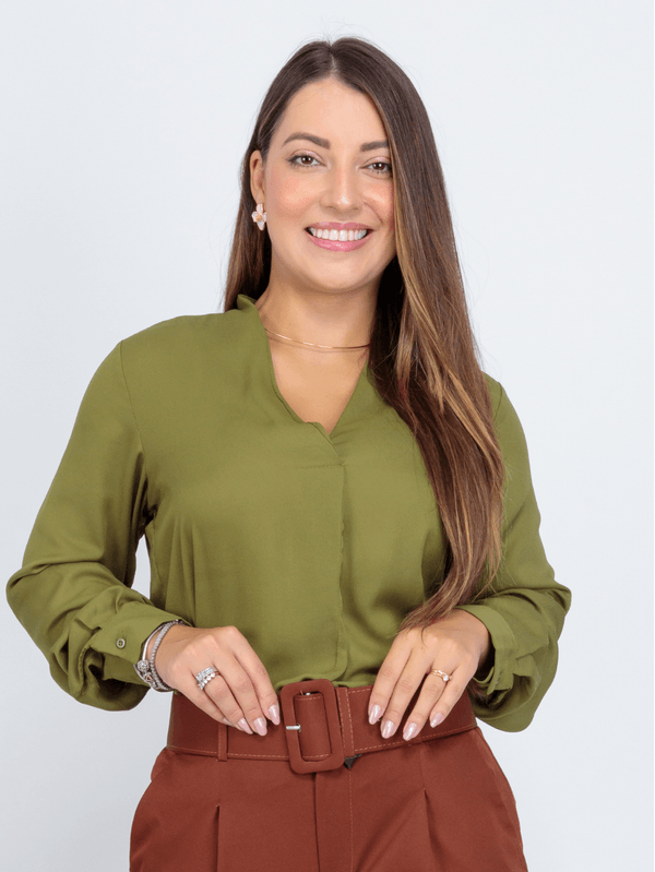 Blusa Manga Longa Decote V Lisa Clara Verde Militar