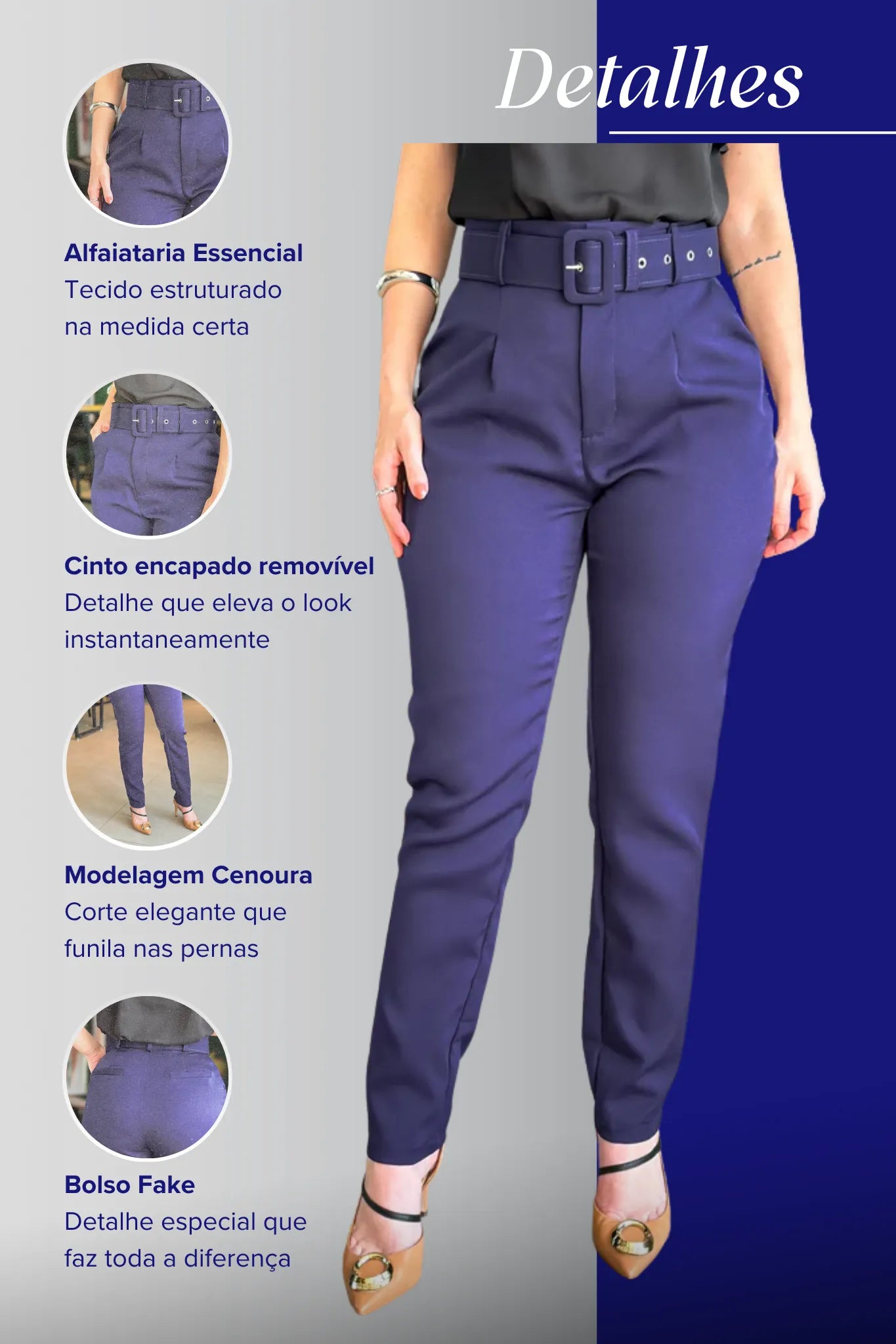 Calça Cinto Encapado Cenoura Azul Marinho
