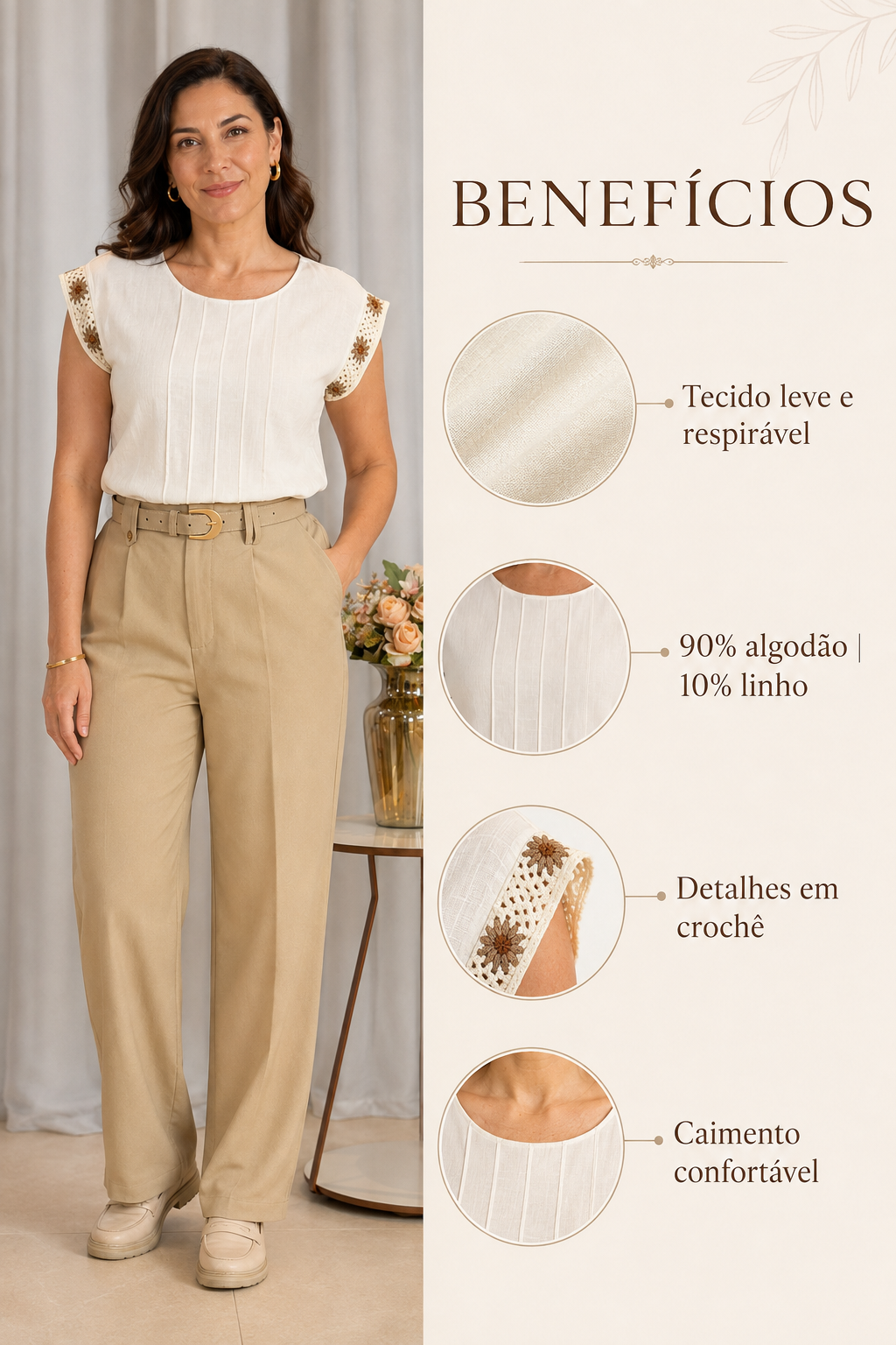 Blusa Em Visco Linho Manga Muscle Bordada Elen Branca