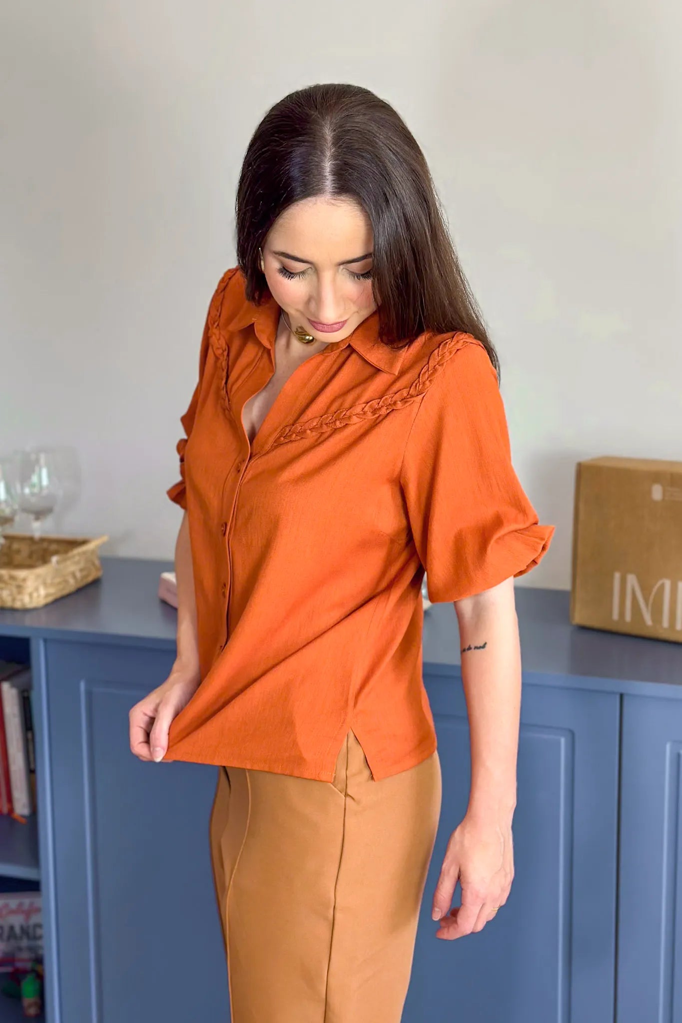 Blusa Manga 3/4 Visco Soft Detalhe Trançado Elenir Terracota