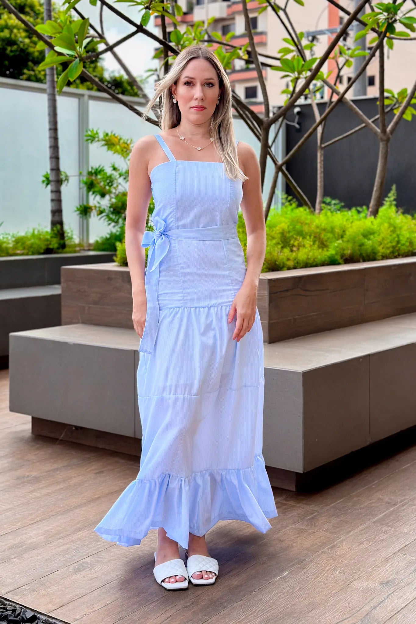 Vestido Longo Listrado Monica Azul Claro