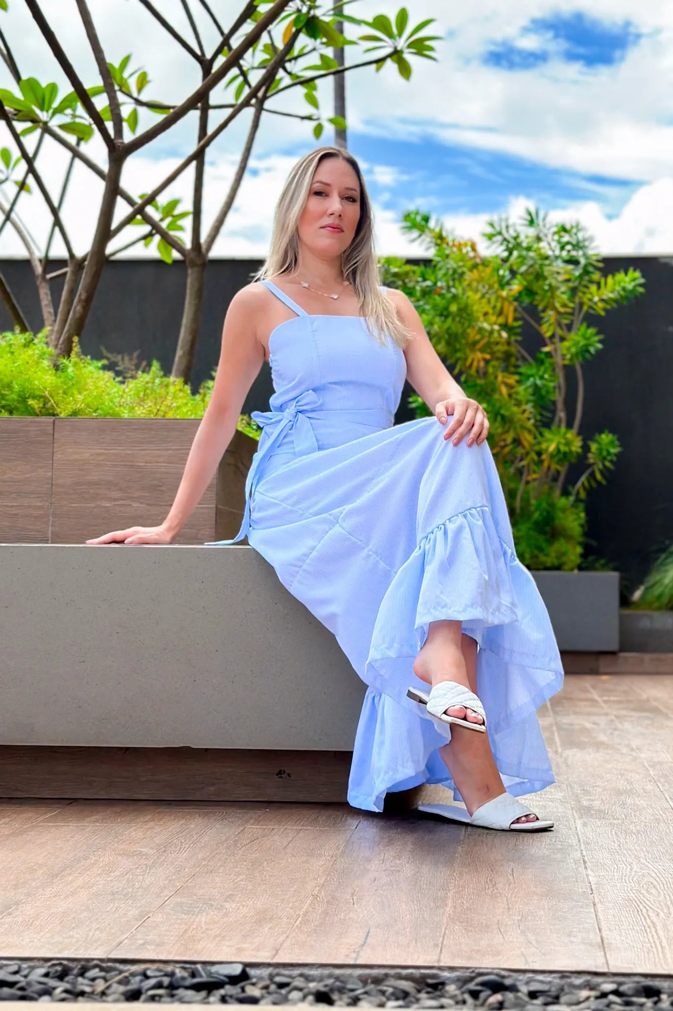 Vestido Longo Listrado Monica Azul Claro