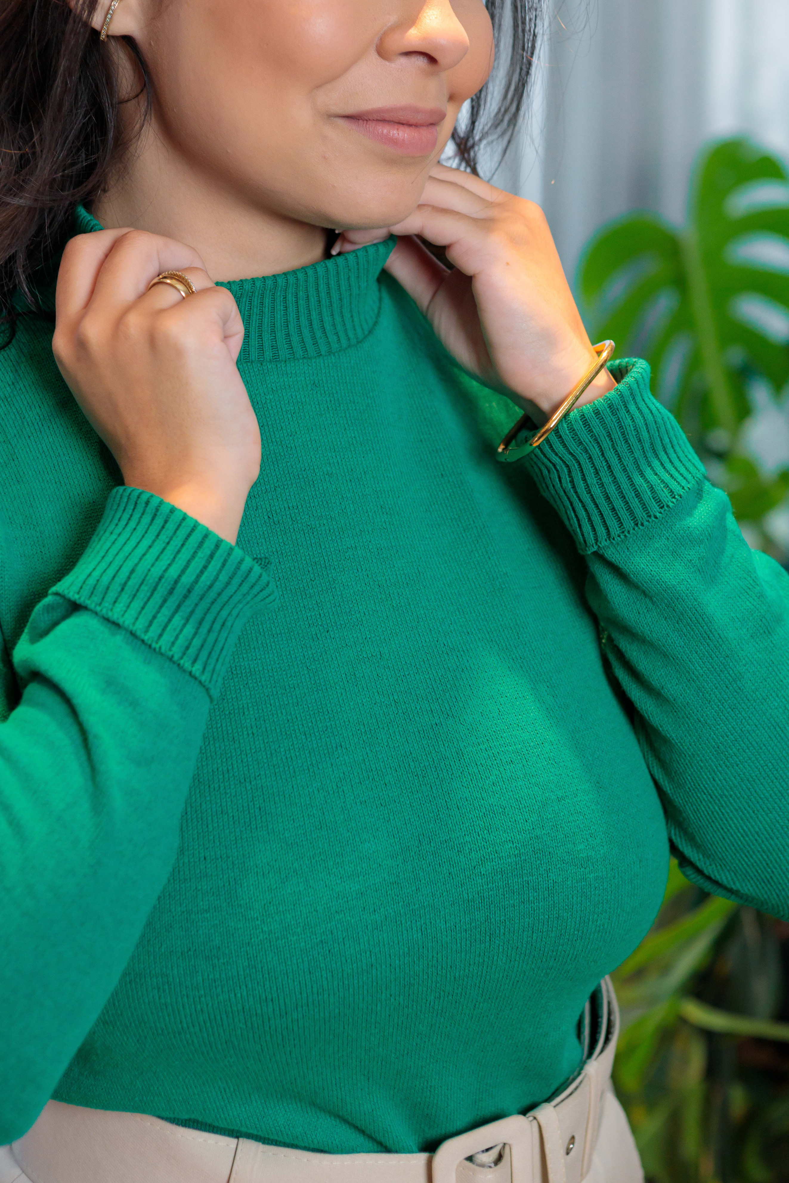 Blusa Manga Longa Tricot Gola Redonda Thalia Verde