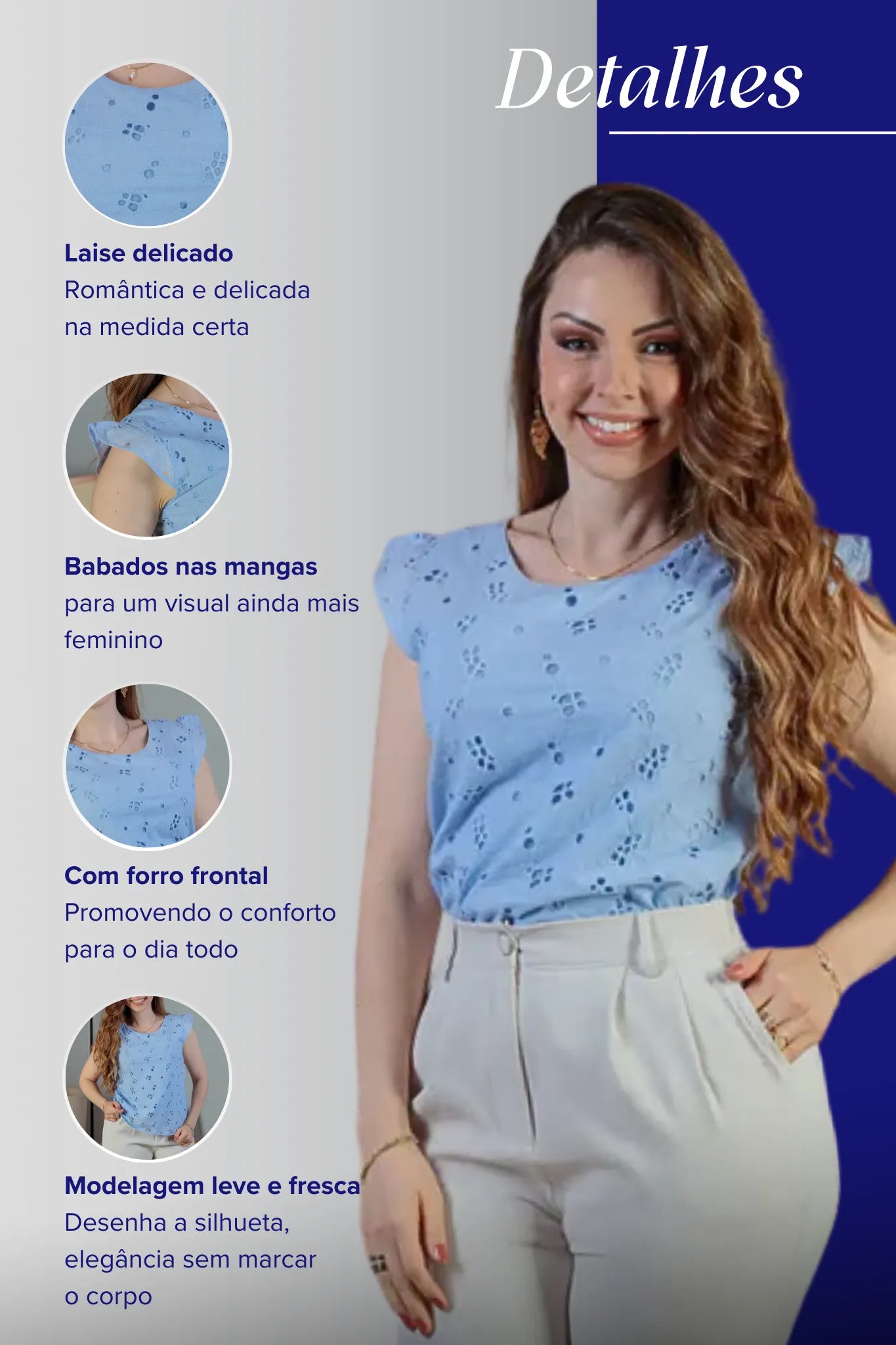 Blusa Regata Em Algodão Textura Bordada Laise Suzy Azul