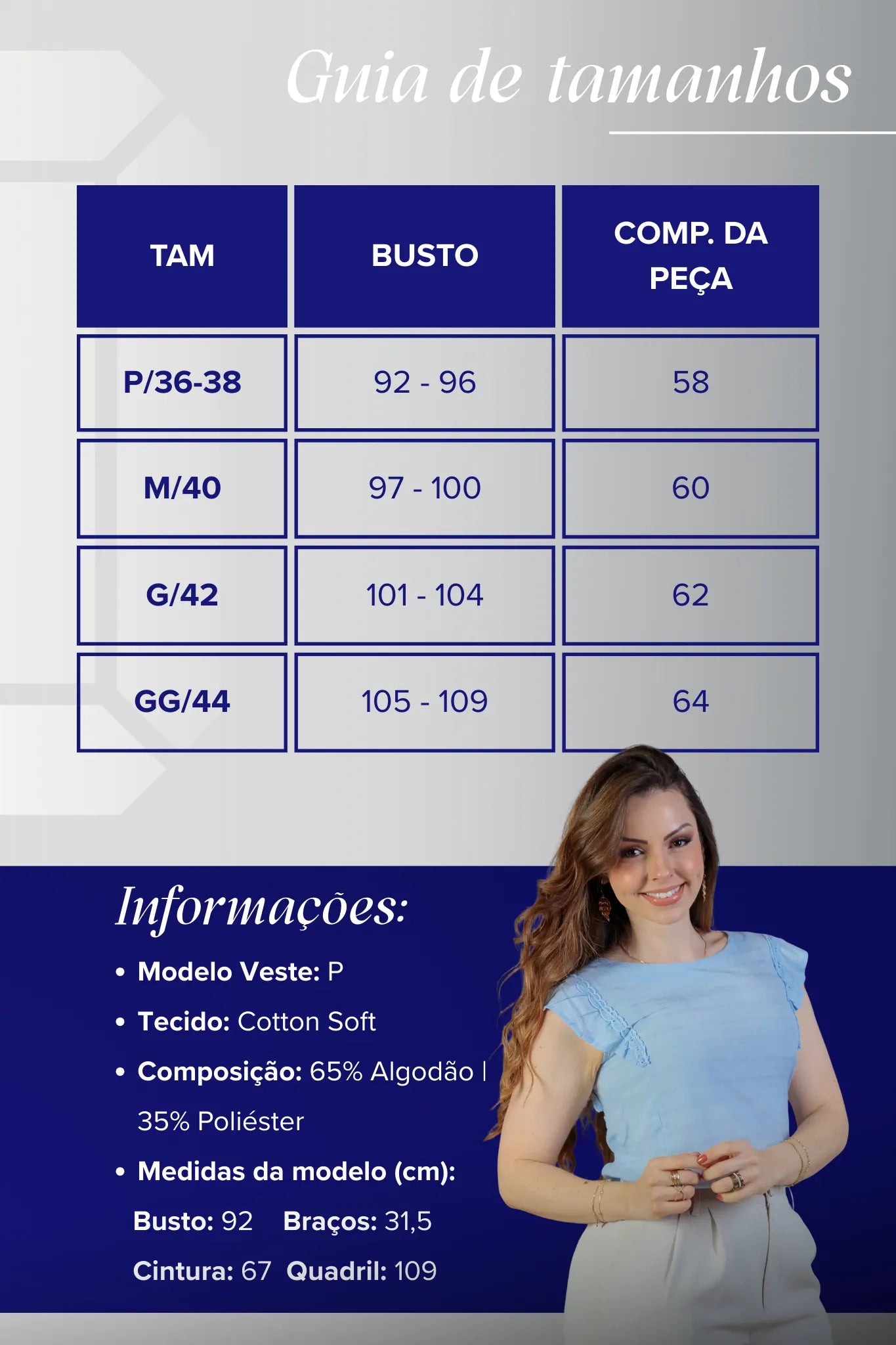 Blusa Detalhe Bordado Manga Soft Cotton Selena Azul