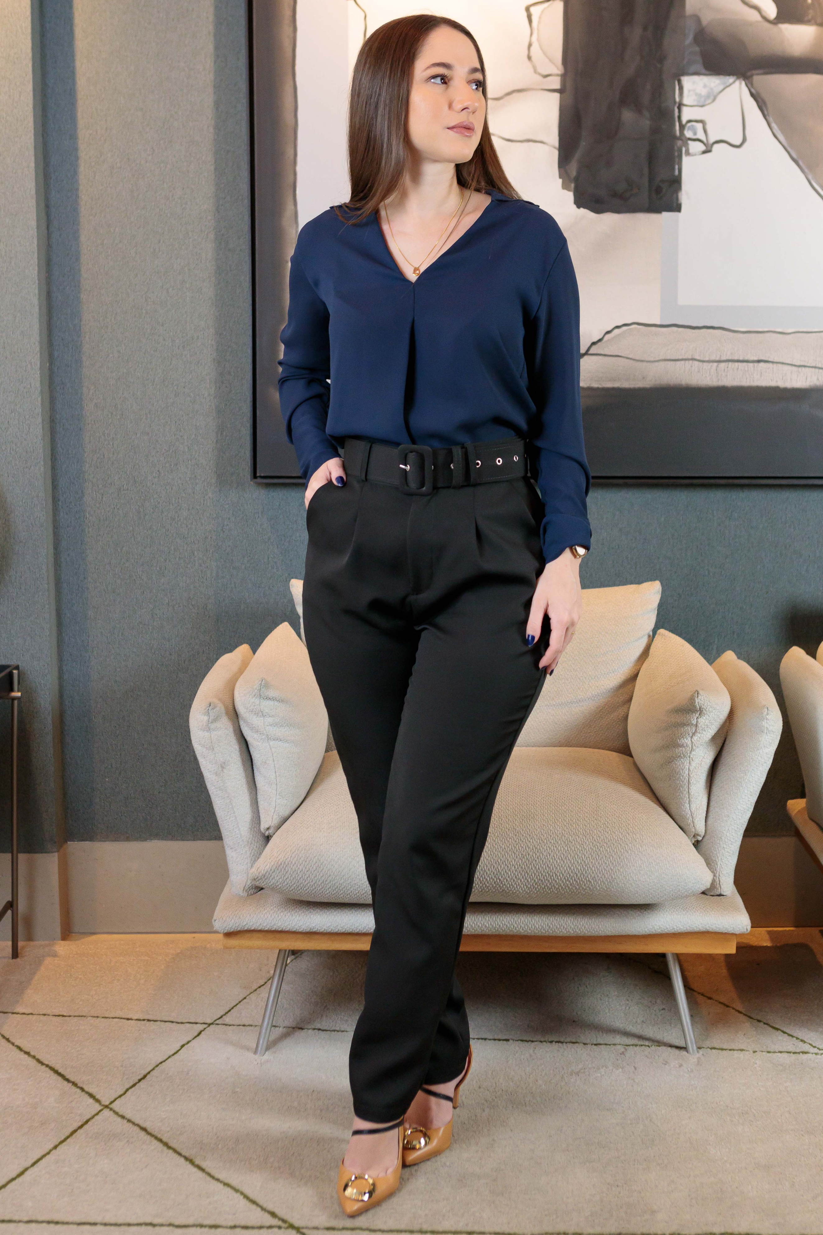 Blusa Manga Longa Decote "V" Laura Azul Marinho