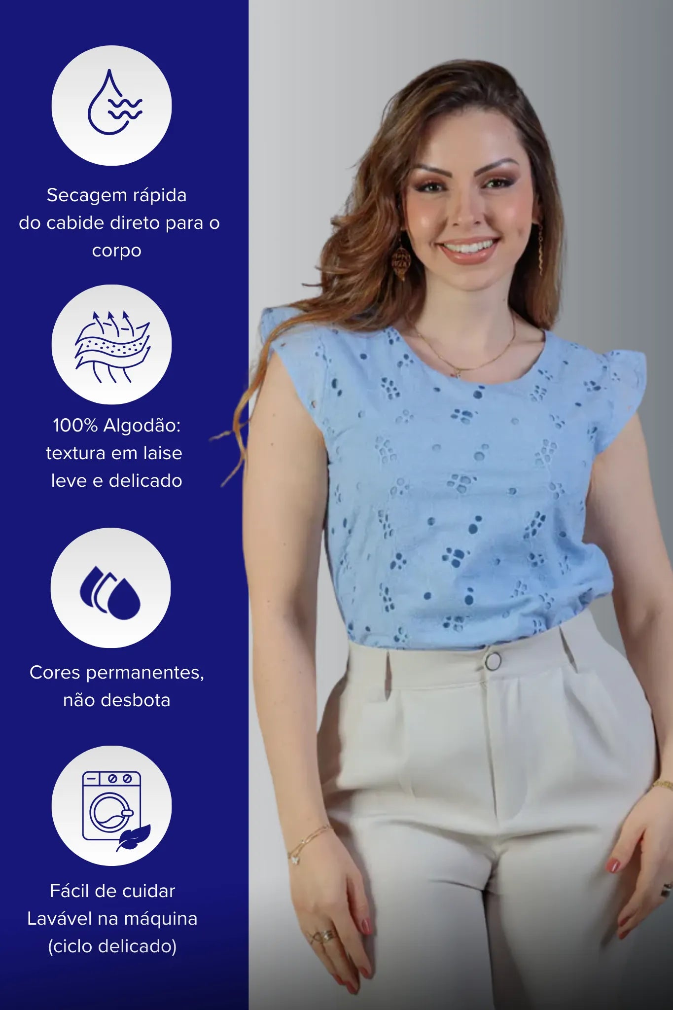 Blusa Regata Em Algodão Textura Bordada Laise Suzy Azul