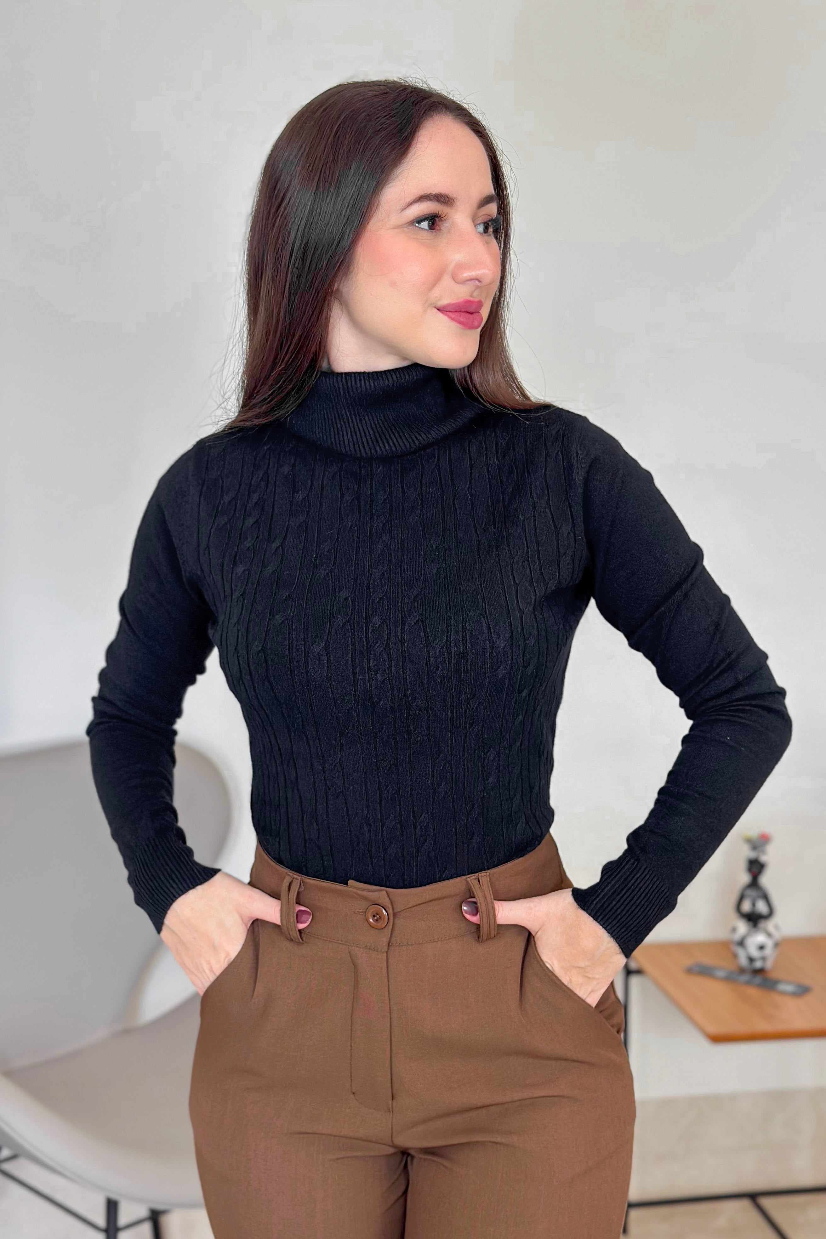 Blusa Manga Longa Em Tricot Modal Gola Boba Erica Preto