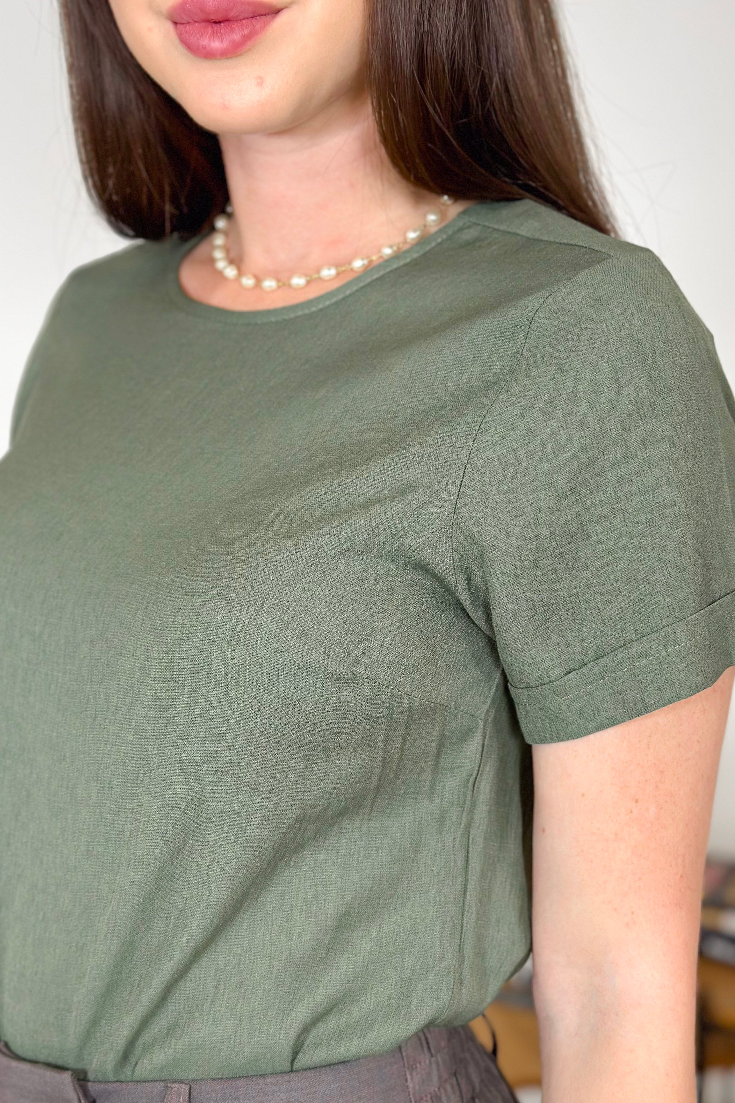 Blusa Manga Curta Em Visco Soft Recorte Costa Detalhe Ondulado Julieta Verde Militar