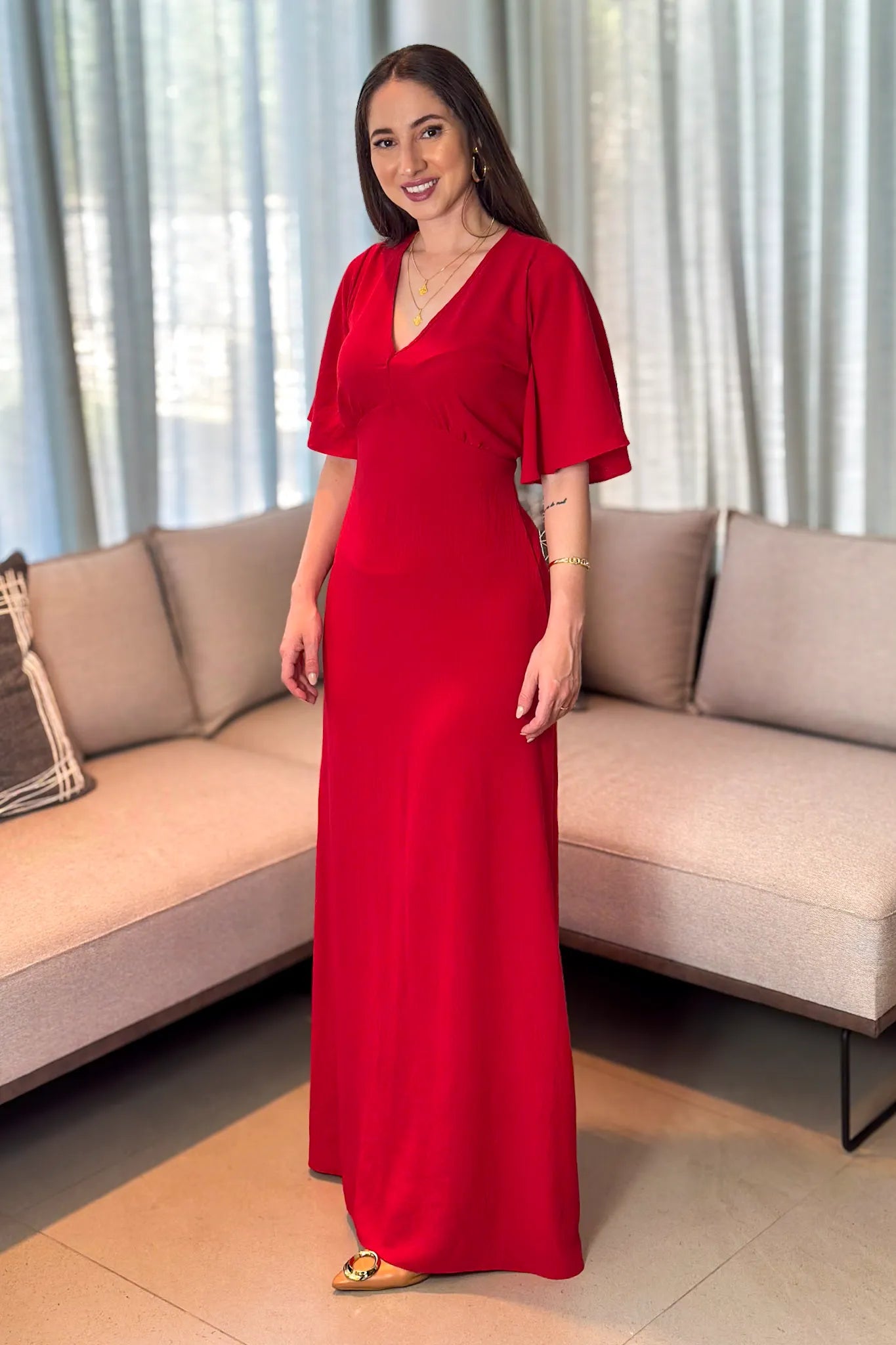 Vestido Longo Duna Decote "V" Melina Vermelho