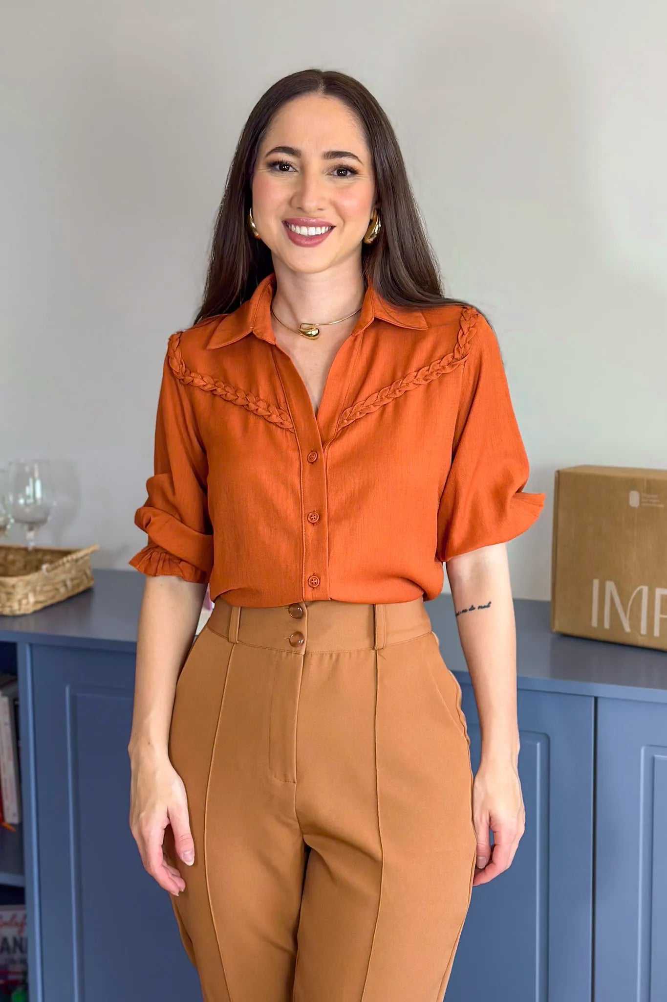 Blusa Manga 3/4 Visco Soft Detalhe Trançado Elenir Terracota