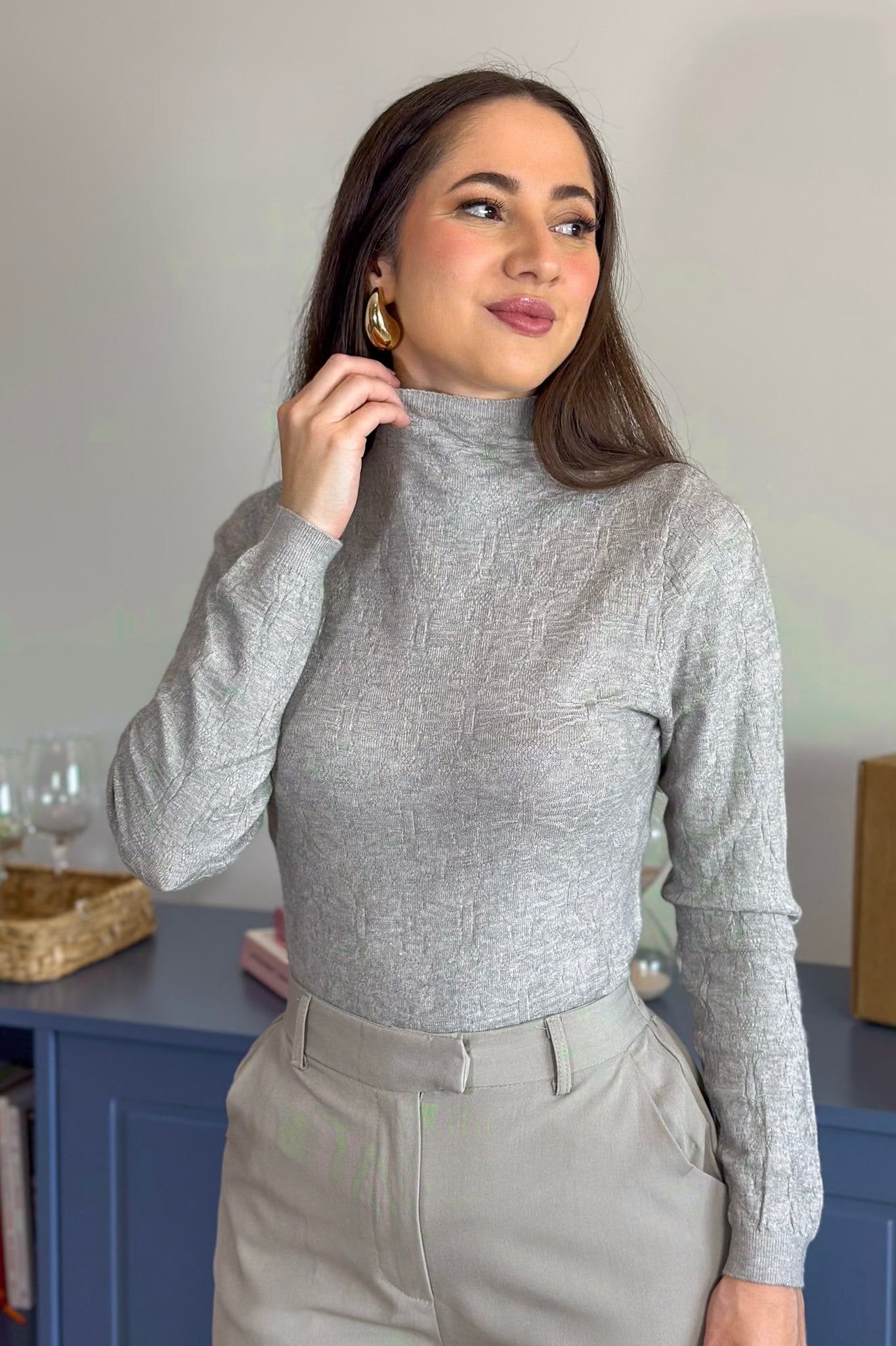 Blusa Manga Longa Em Tricot Cotton Margaret Cinza