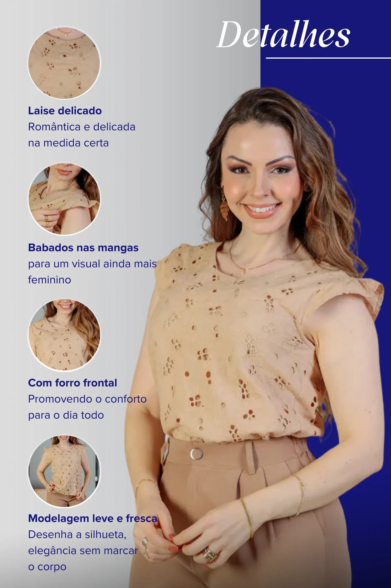 Blusa Regata Em Algodão Textura Bordada Laise Suzy Bege