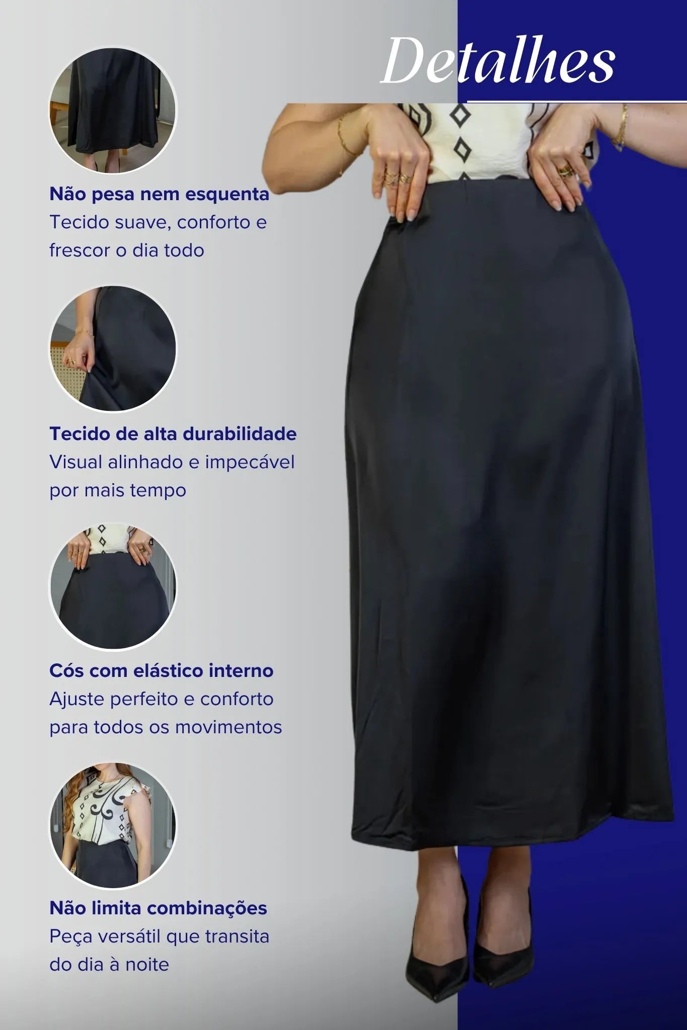 Saia Midi Lisa Sat Mix Magda Preta