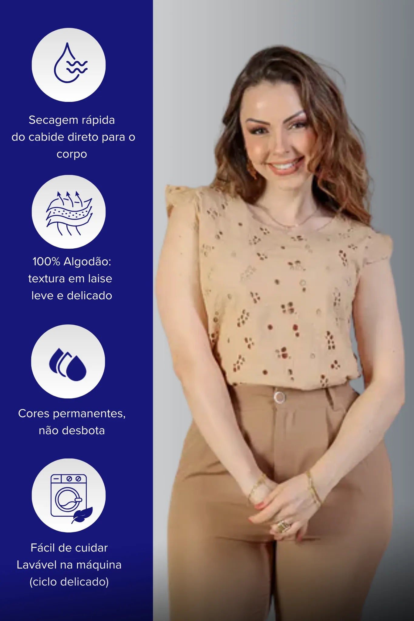 Blusa Regata Em Algodão Textura Bordada Laise Suzy Bege