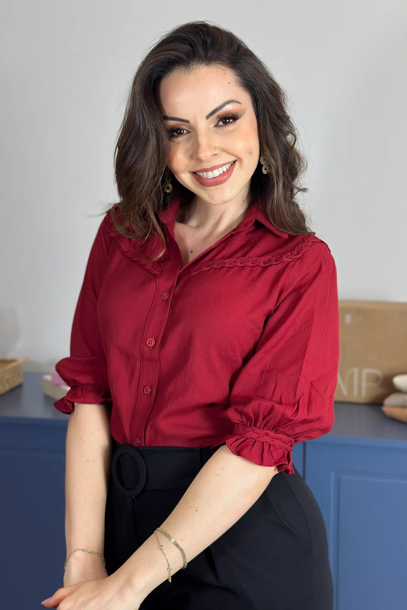 Blusa Manga 3/4 Visco Soft Detalhe Trançado Elenir Bordo