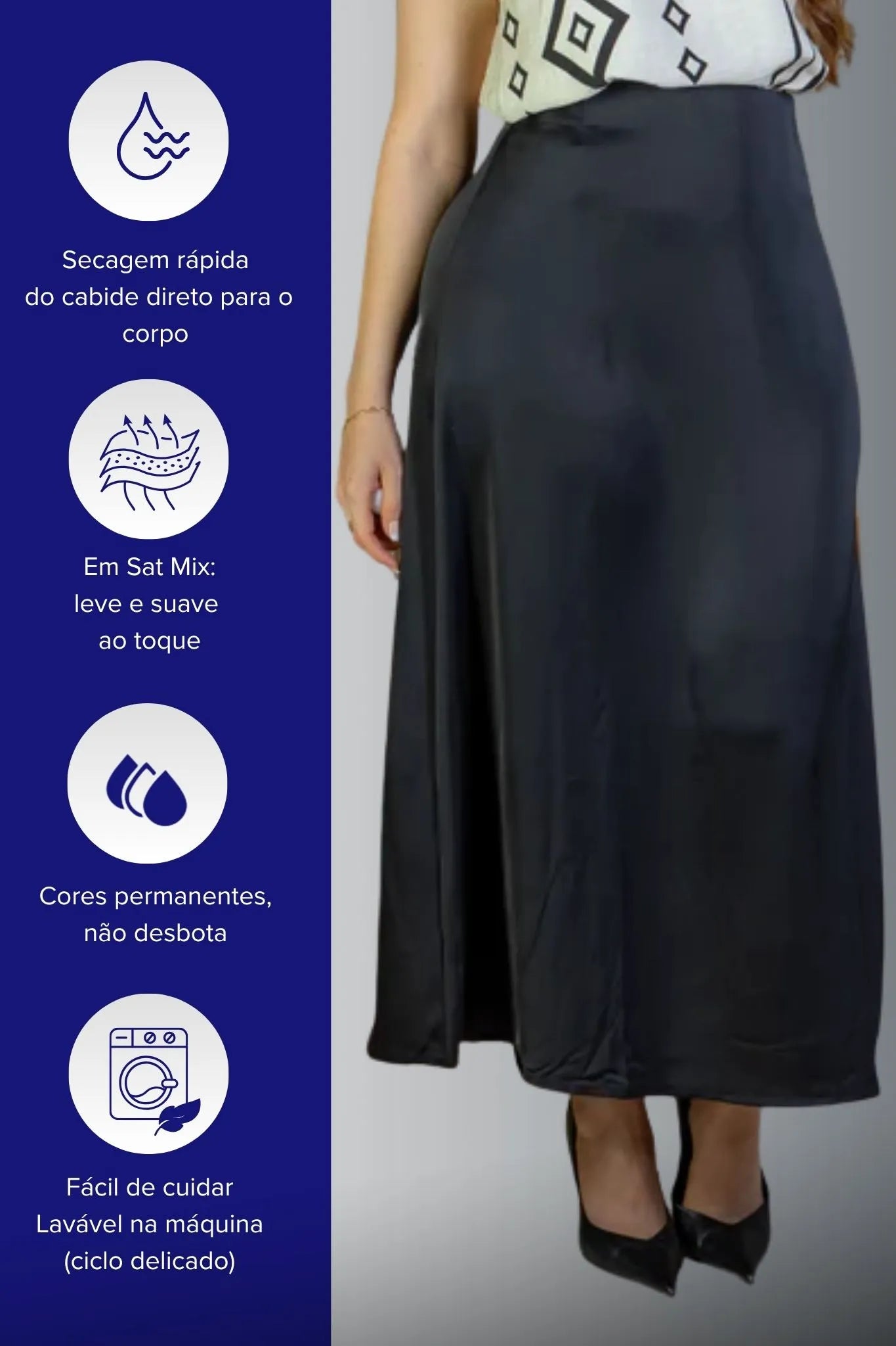 Saia Midi Lisa Sat Mix Magda Preta