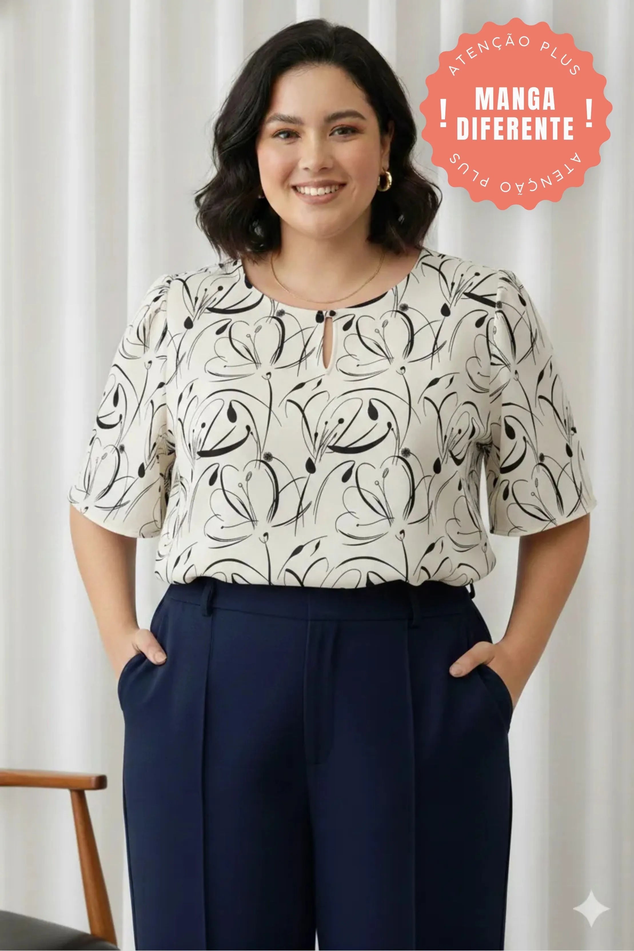 Blusa Manga Curta Transpassada Celina Estampada Preta