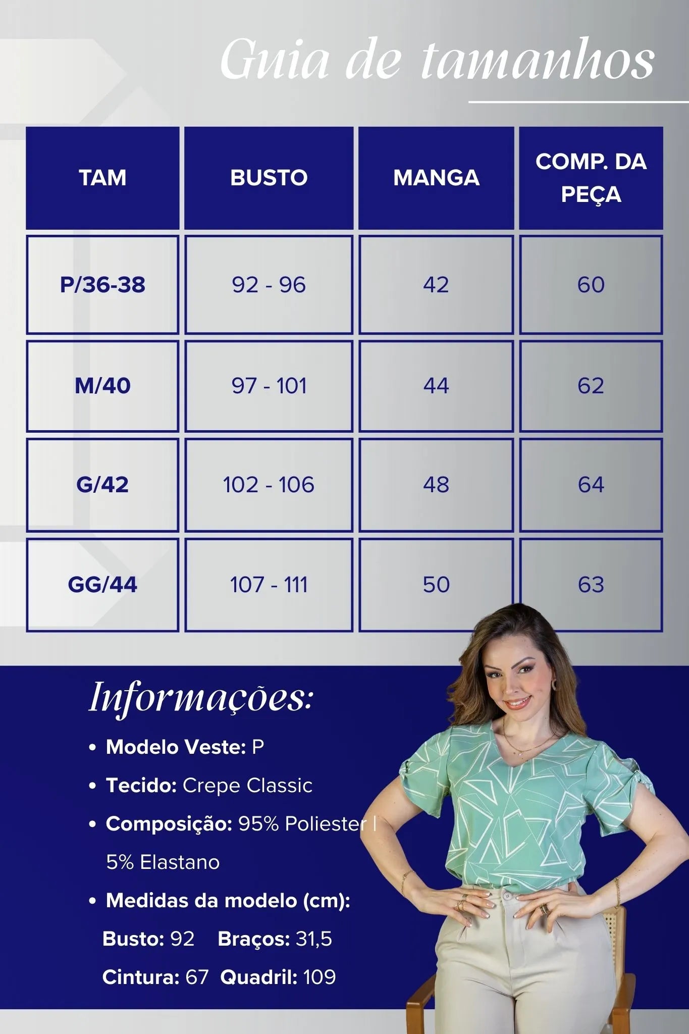 Blusa Manga Curta Decote "V" Crepe Classic Margot Estampada Verde