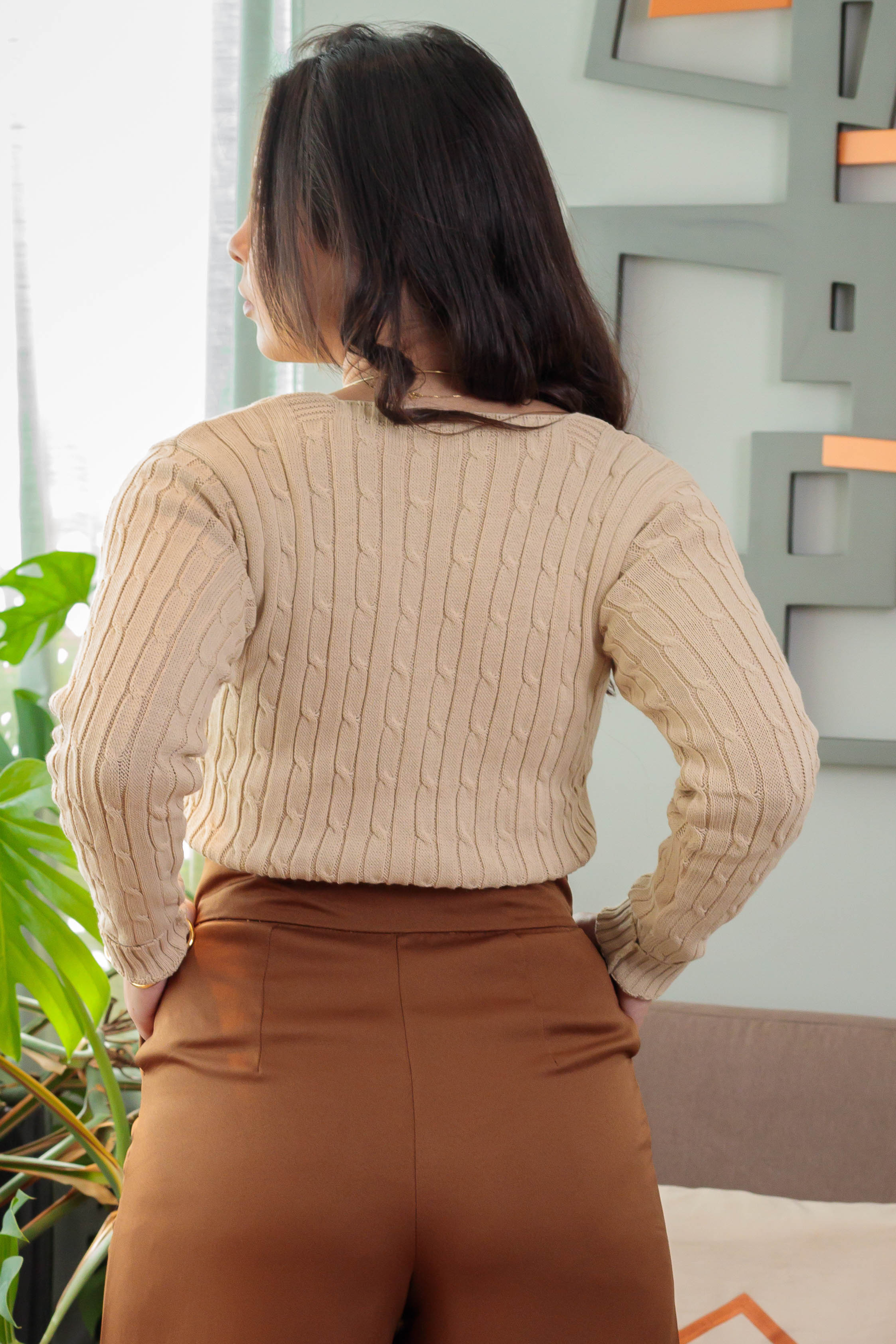 Blusa Manga Longa Tricot Detalhe Texturas Eva Bege