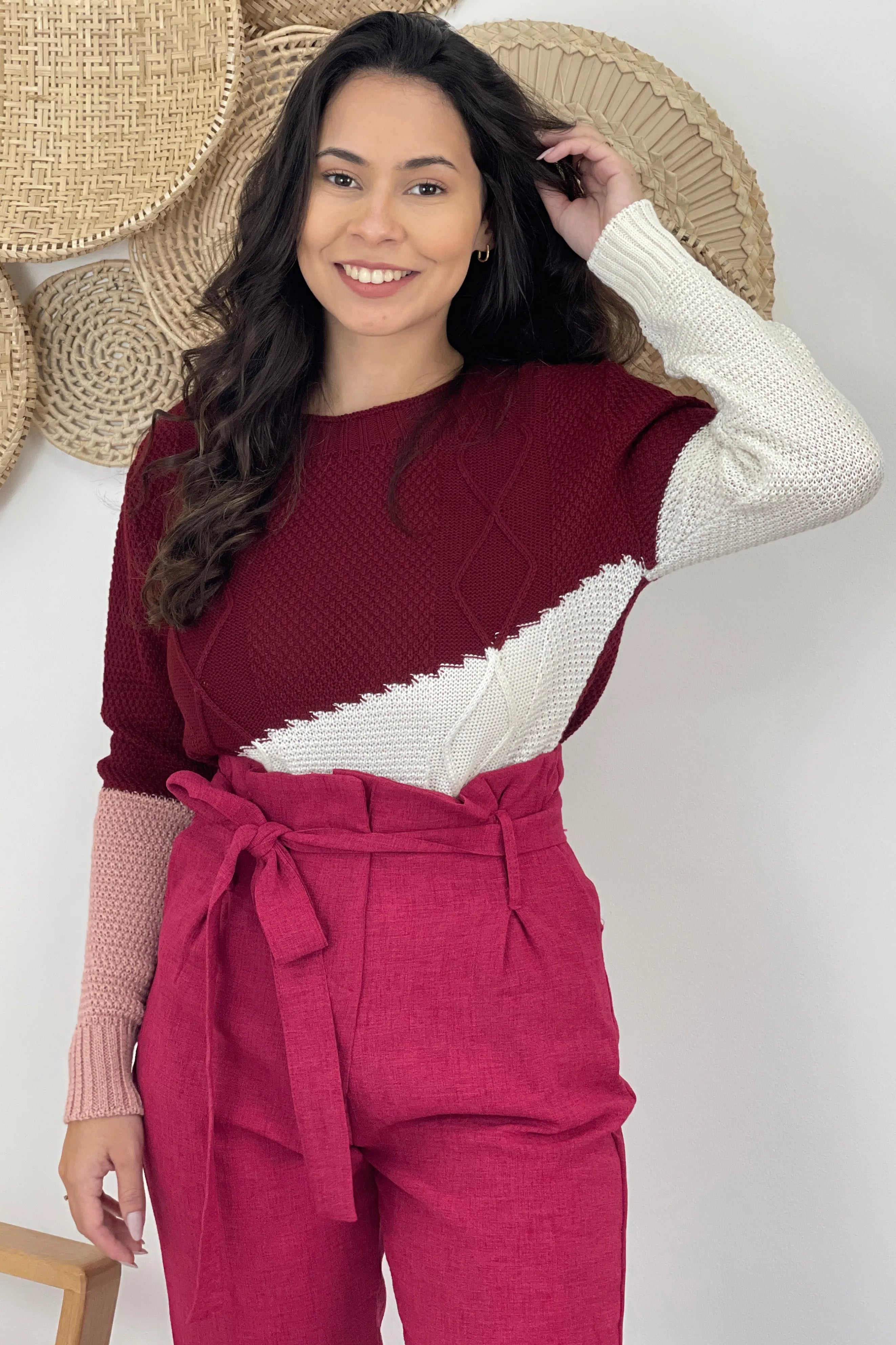 Blusa Tricot Manga Longa Tricolor Losango Adriana Marsala