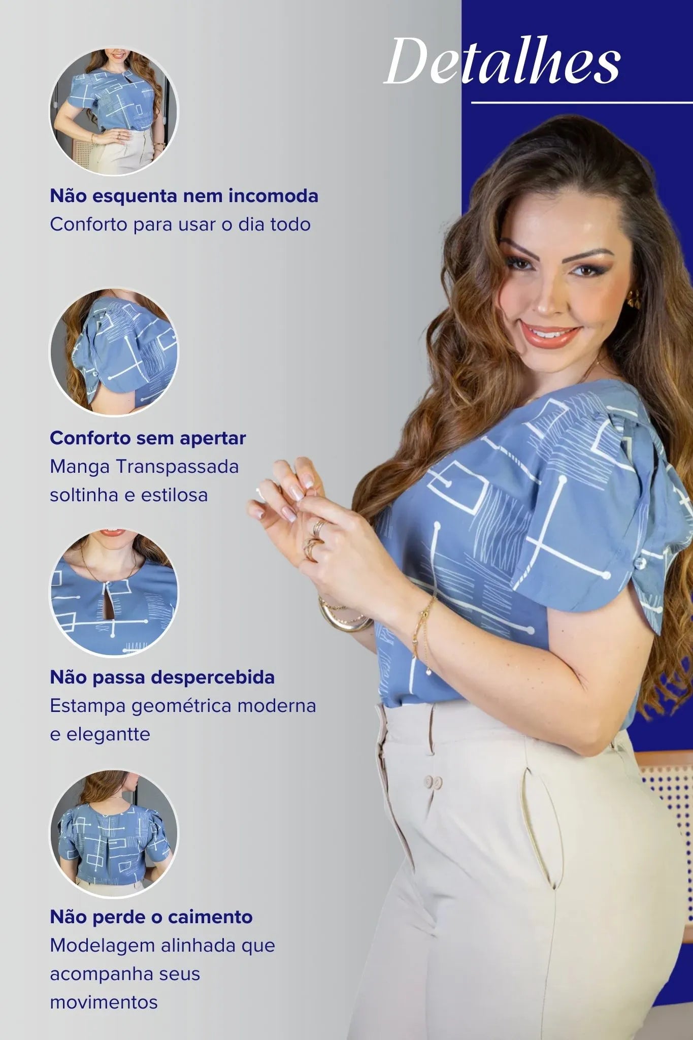 Blusa Manga Curta Colo Detalhe Botão Crepe Classic Samara Estampada Azul