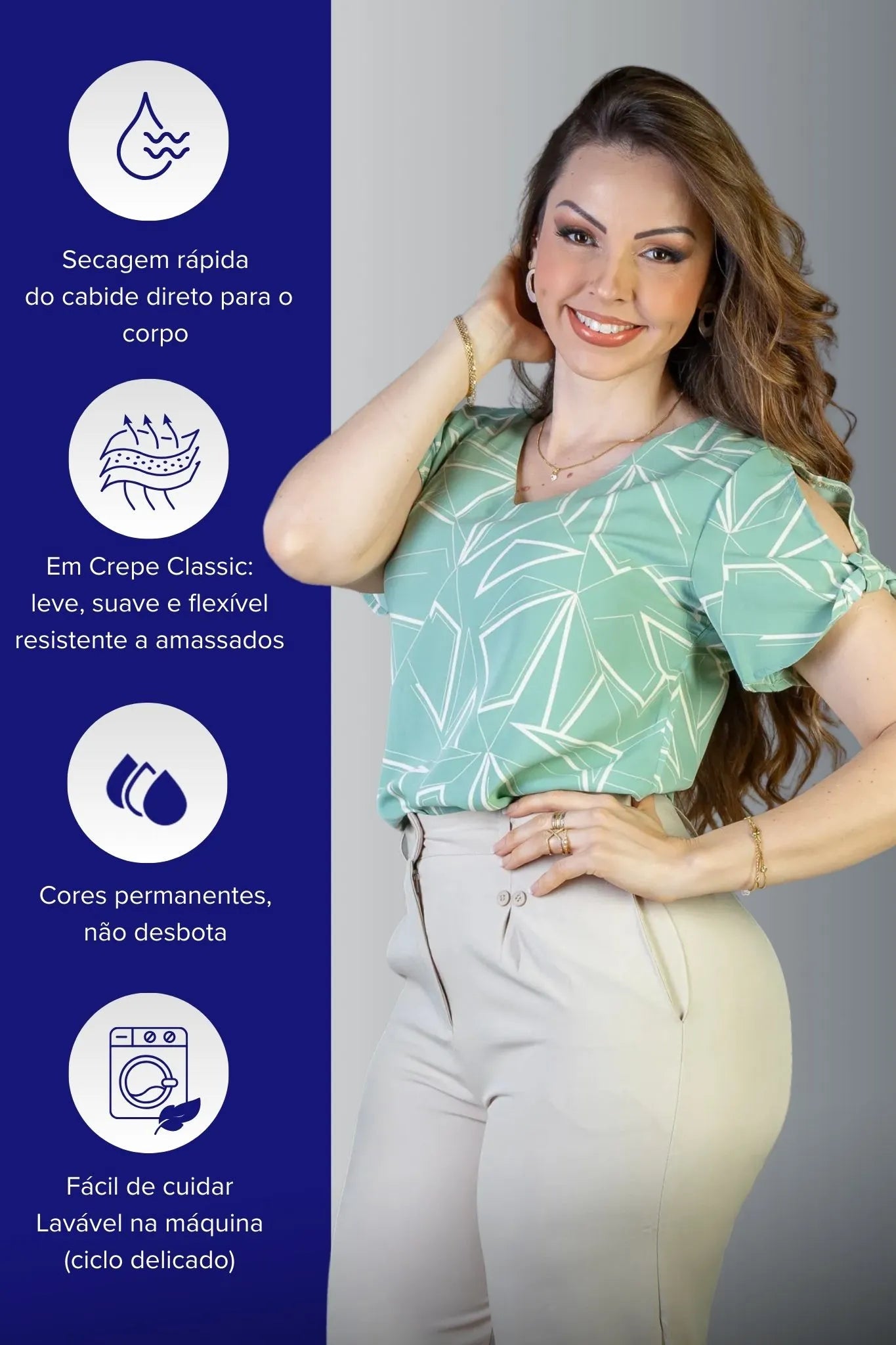 Blusa Manga Curta Decote "V" Crepe Classic Margot Estampada Verde