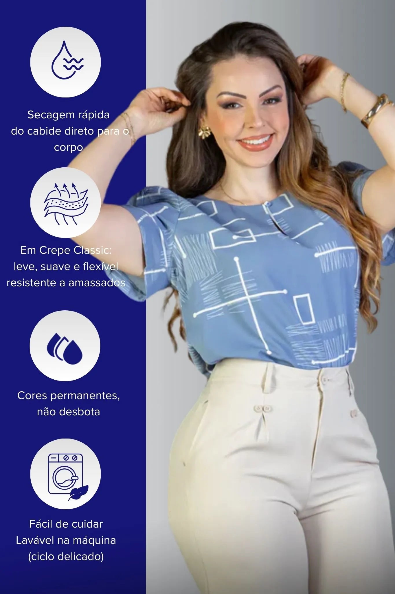 Blusa Manga Curta Colo Detalhe Botão Crepe Classic Samara Estampada Azul